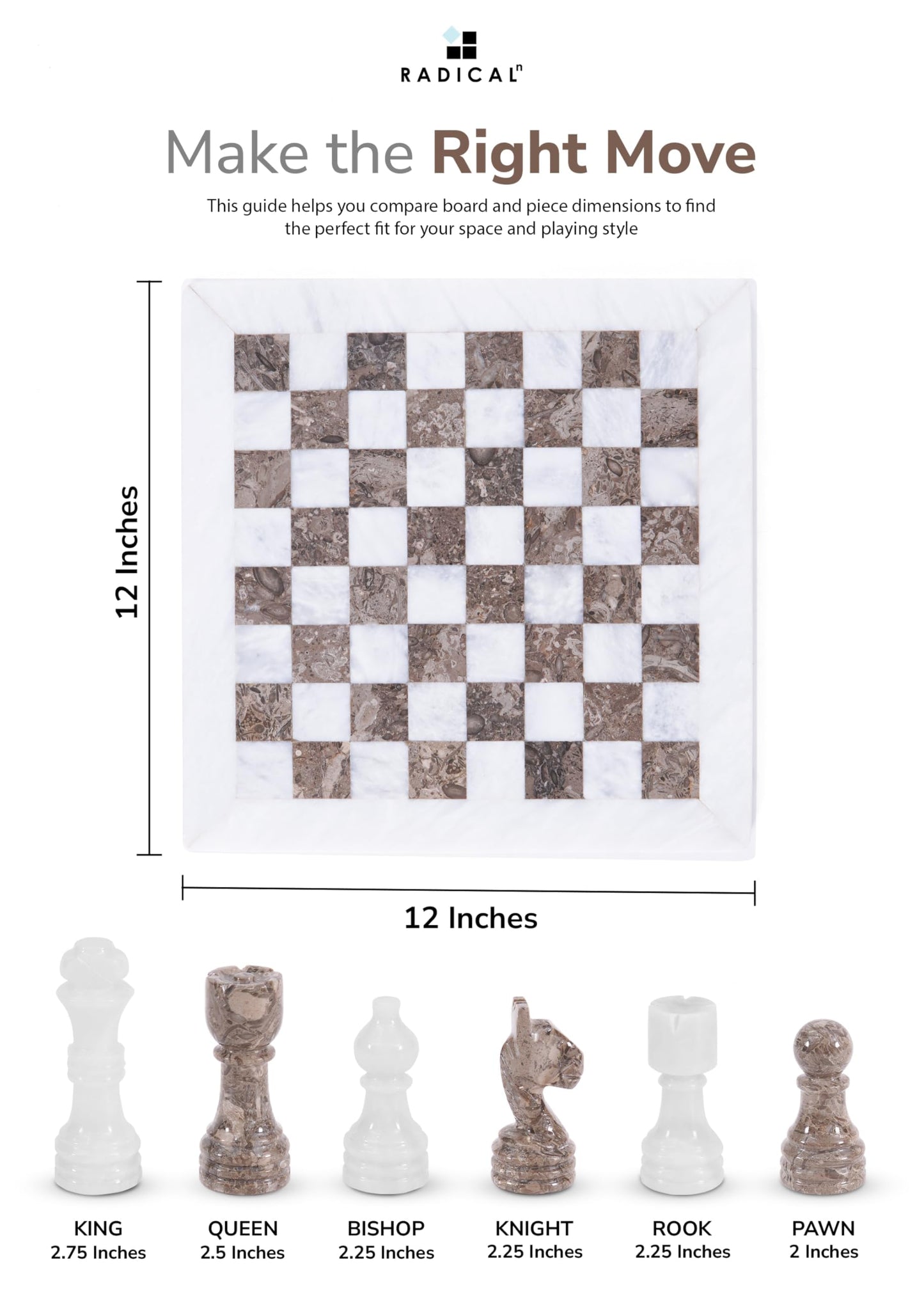 Radicaln Marble Chess Set 12" Inches White and Grey Oceanic Handmade Luxury Board Game for Adults, Classic Stone Chess Board & Pieces, Premium Family Game Night Gift for Home Decor
