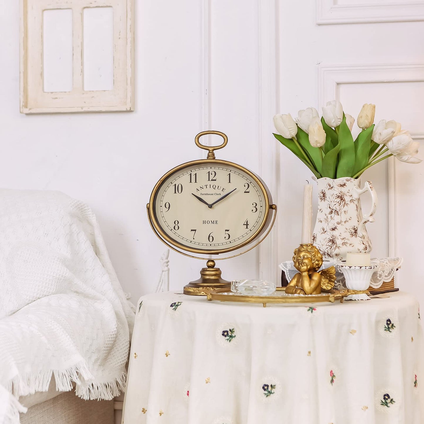 NIKKY HOME Antique Table Clock, Gold Retro Desk Clock with Silent-Non-Ticking Battery Operated Rustic Desk Clock for Living Room, Tabletop, Countertop