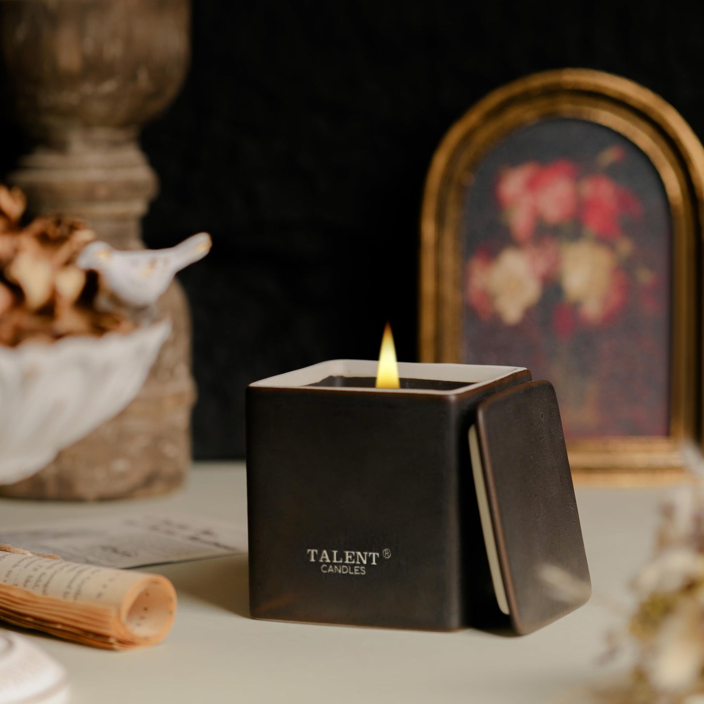 Candles for Home Scented, Modern Rustic Ceramic Candle Jar, Soy Candles Non Toxic in Elegant Ceramic Jar, Dark Leather & Oud