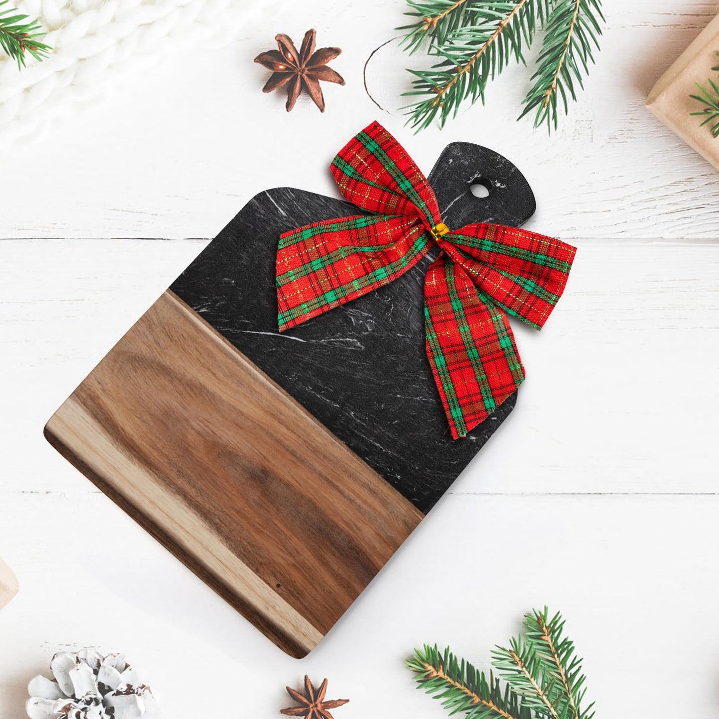 Coloch Marble and Acacia Wood Cutting Board, Black Charcuterie Chopping Board with Handle, Decorative Serving Board for Cheese, Steak, Bread, Fruit