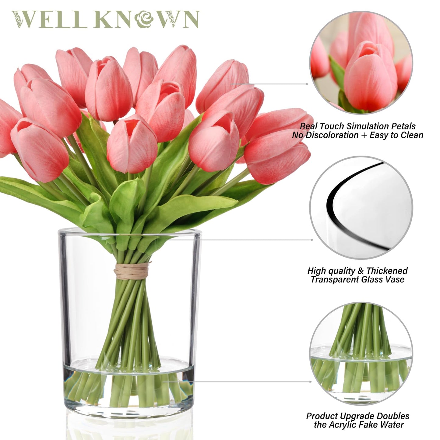 WELL KNOWN 20 Pcs Tulips Artificial Flowers in Vase, Real Touch Tulips with Vase with Upgrate Acrylic Water Flower Arrangements Centerpiece for Dining Room Table Decoration