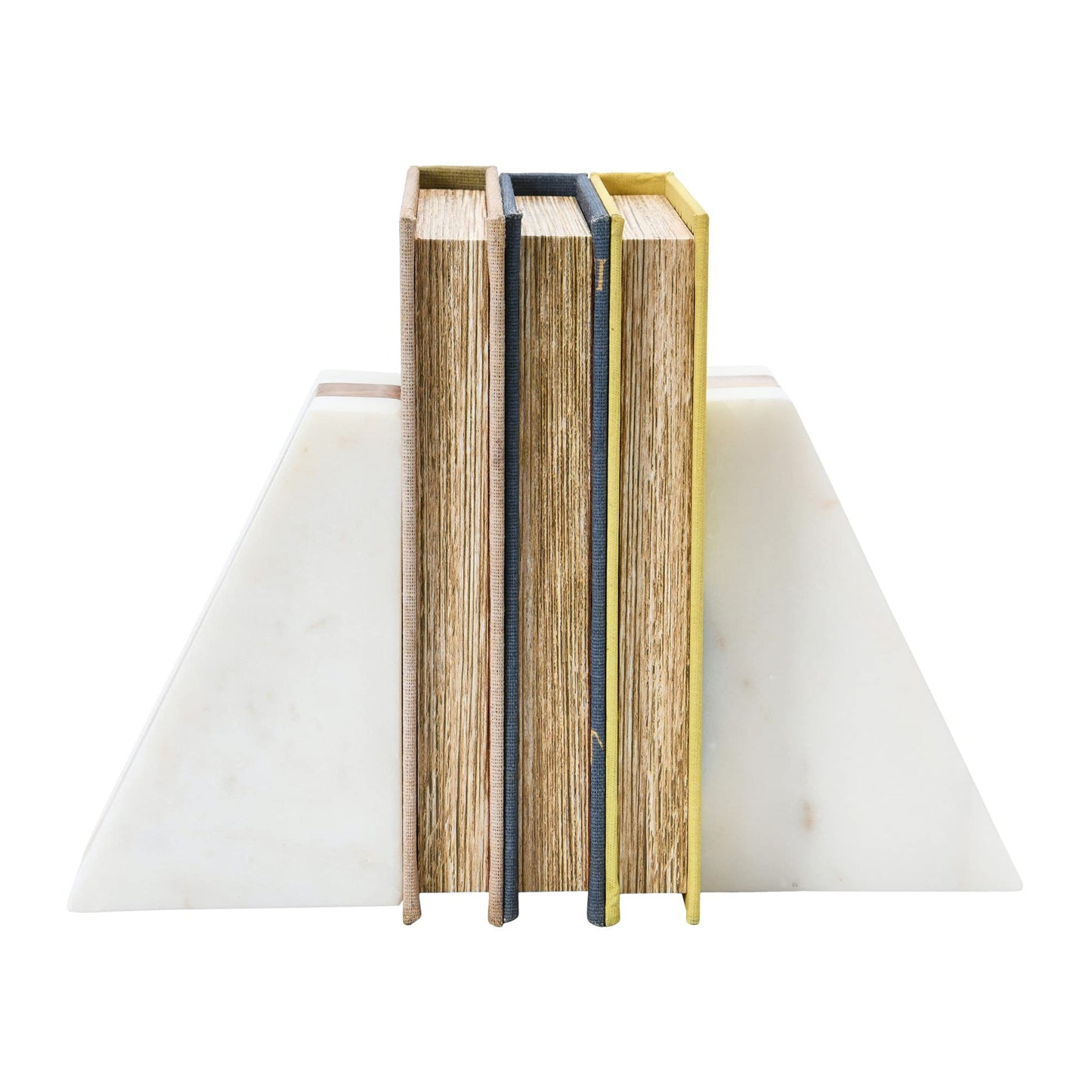 Main + Mesa Marble Geometric Bookends with Wood Inlay, White