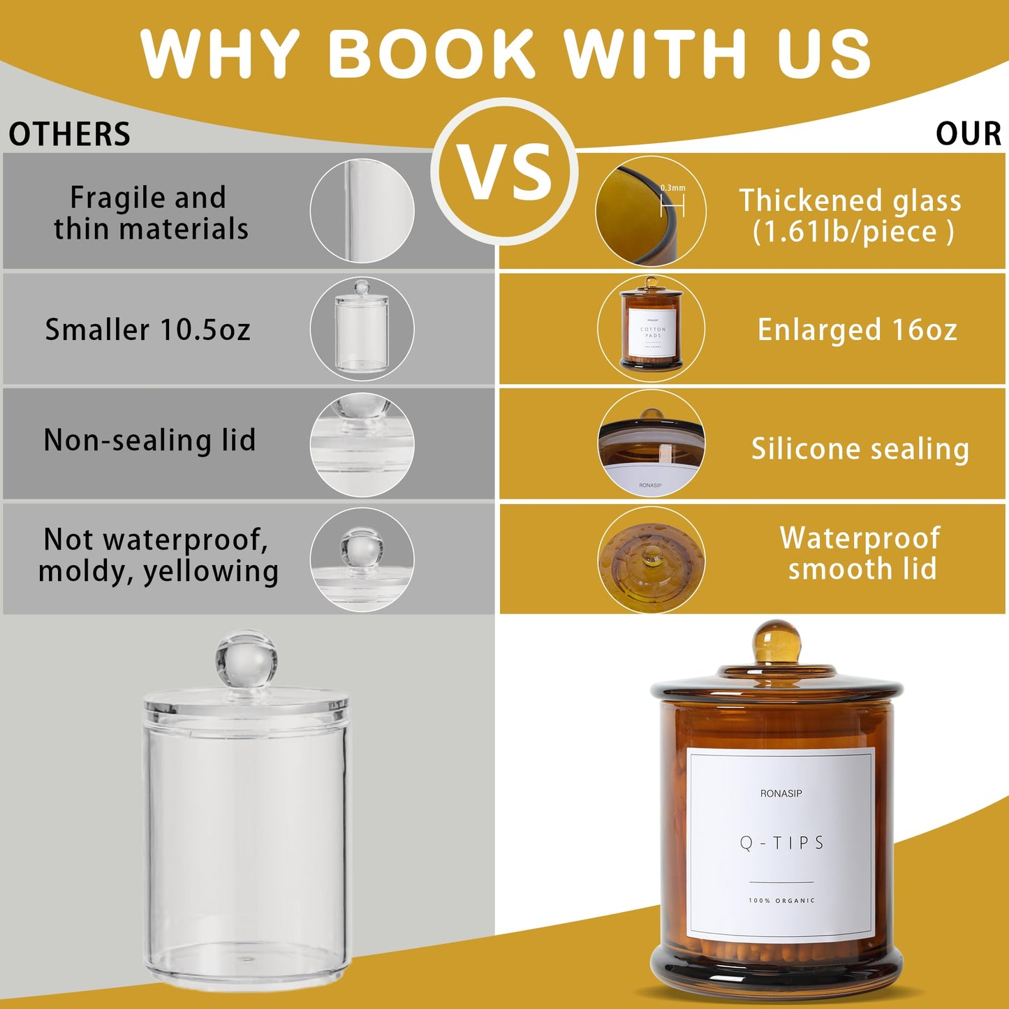 Ronasip 3 Pack Farmhouse Bathroom Organizers and Storage - 16 Oz Glass Jars with Lids for Qtip Holder, Swab Organizer, Bathroom Decor and Storage with Labels (Amber)