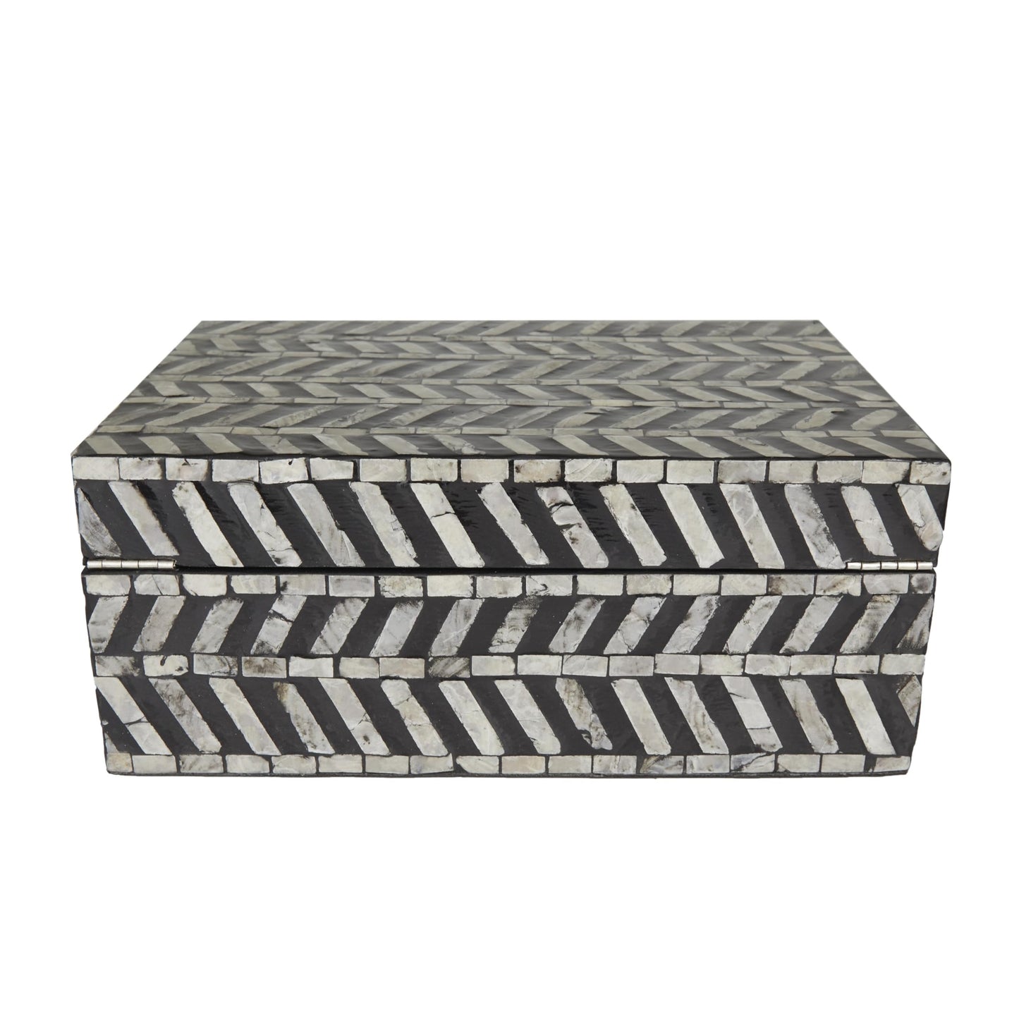 Deco 79 Mother of Pearl Shell Handmade Decorative Box Chevron Pattern Decorative Keepsake Boxes with Hinged Lid, Set of 2 Storage Boxes 12", 8"W, Gray