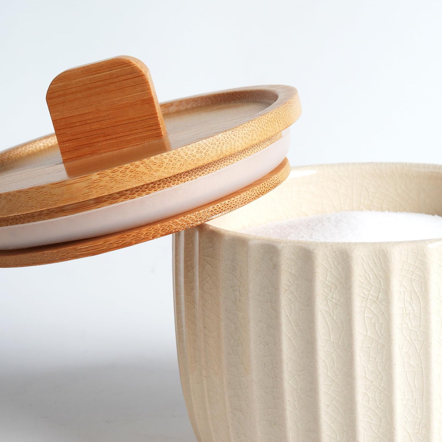 Lunavita Salt Cellar Keeper with Bamboo Lid, 14oz Big Capacity Ceramic Sugar Bowls Pepper Box, Crackle Glaze Seasoning Container Condiment Pot for Kitchen, (Cream Color), 4″×4″