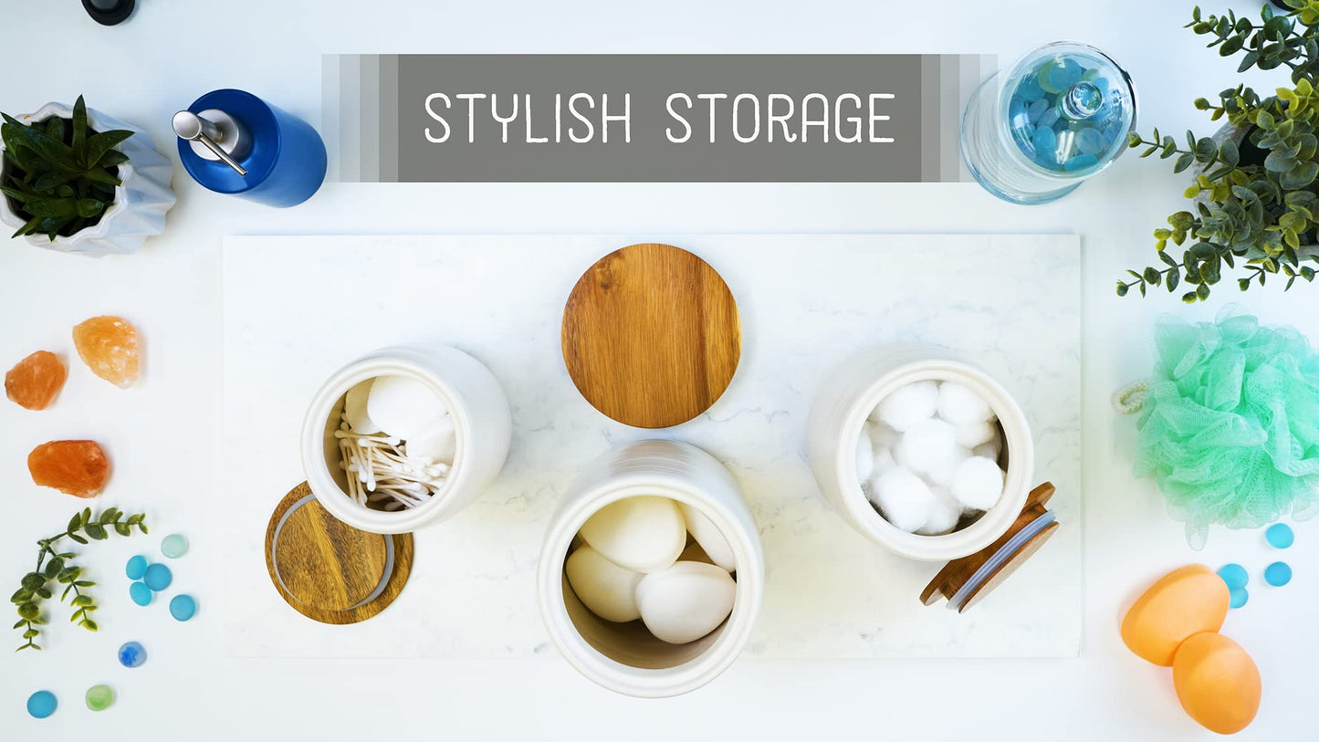 Nat & Jules Lidded Cream 6 inch Ceramic and Wood Kitchen Canisters Set of 3