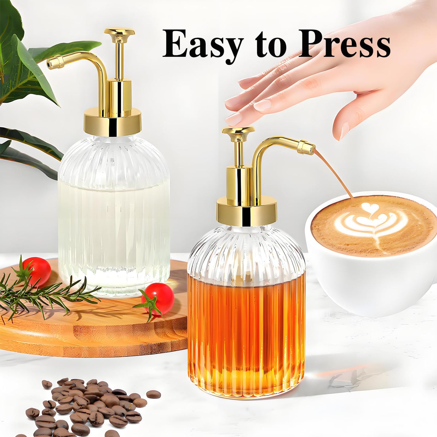 TIWPAJS Glass Coffee Syrup Dispenser 10oz, Syrup Bottles with Ribbed Design, Gold Syrup Pump, Coffee Bar Accessories, Honey Dispenser