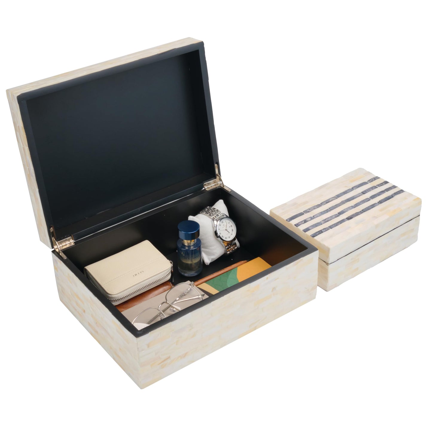 PEMAR Set of 2 Mother of Pearl Decorative Boxes w Lids, Handmade Mosaic Keepsake Jewelry Box Treasure Chest, Shelf Decorative Wooden Box for Memory, Tea Bags, Coffee, Accessories (Black Stripes)