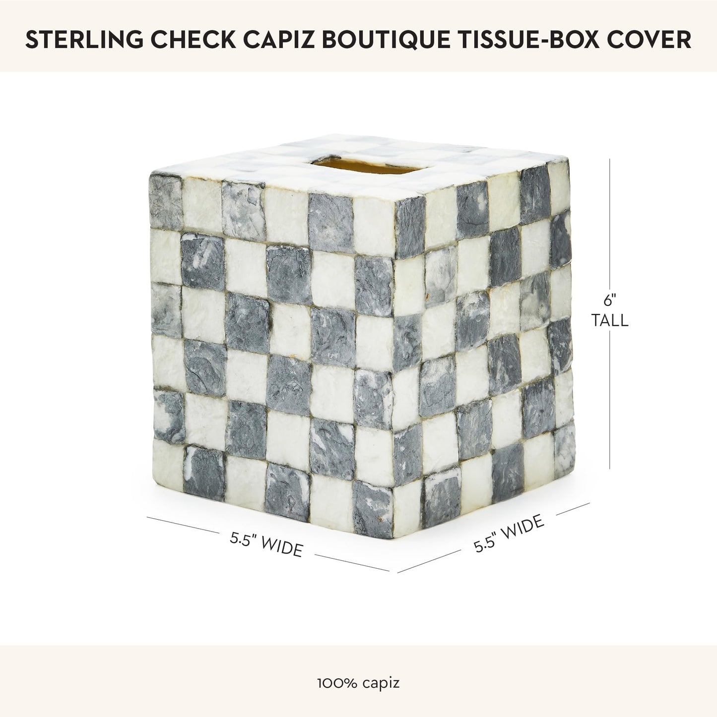 MACKENZIE-CHILDS Boutique Square Capiz Tissue-Box Cover, Decorative Tissue Holder, Gray-and-White Sterling Check