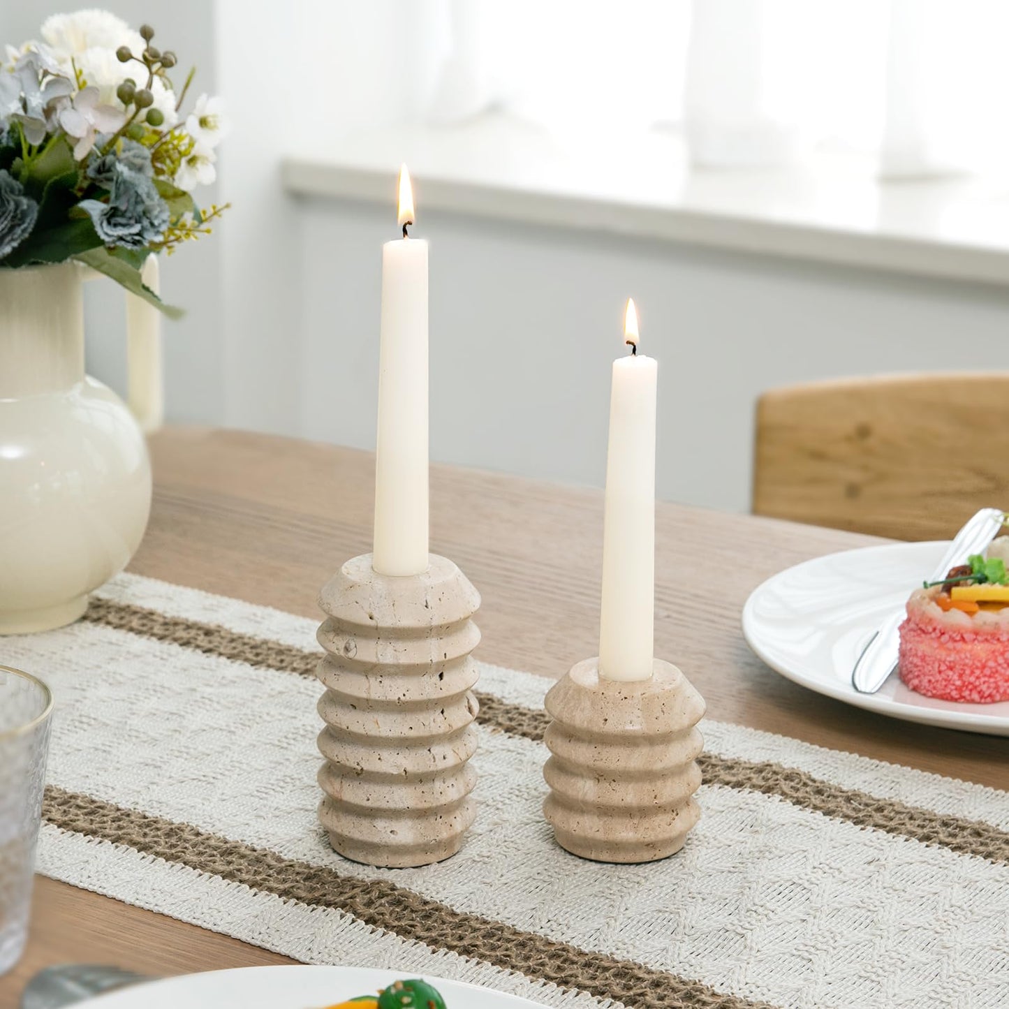 WORHE Candle Holders True Natural Travertine Stone 0.4" Thick, Set of 2 Premium Marble Candlestick Holder for Wedding Dinning Party, Candle Stand for 3/4 inch Thick Candles Color White (ZT002)