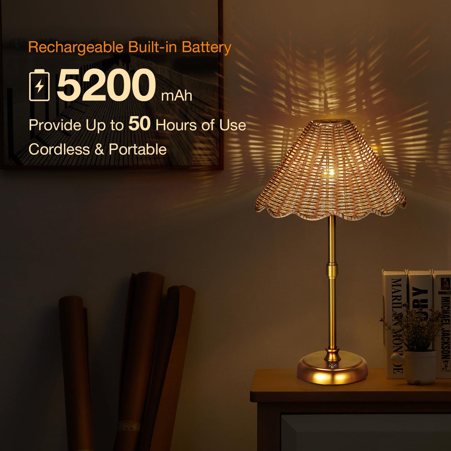 Folux Cordless Boho Rattan Table lamp, 5200-mAh Rechargeable Battery, 3-level Brightness Dimmable, Build-in Integrated LED 320 Lumen Max, Rattan Shade, for Bedside Restaurant Resort Hotel Dining Table
