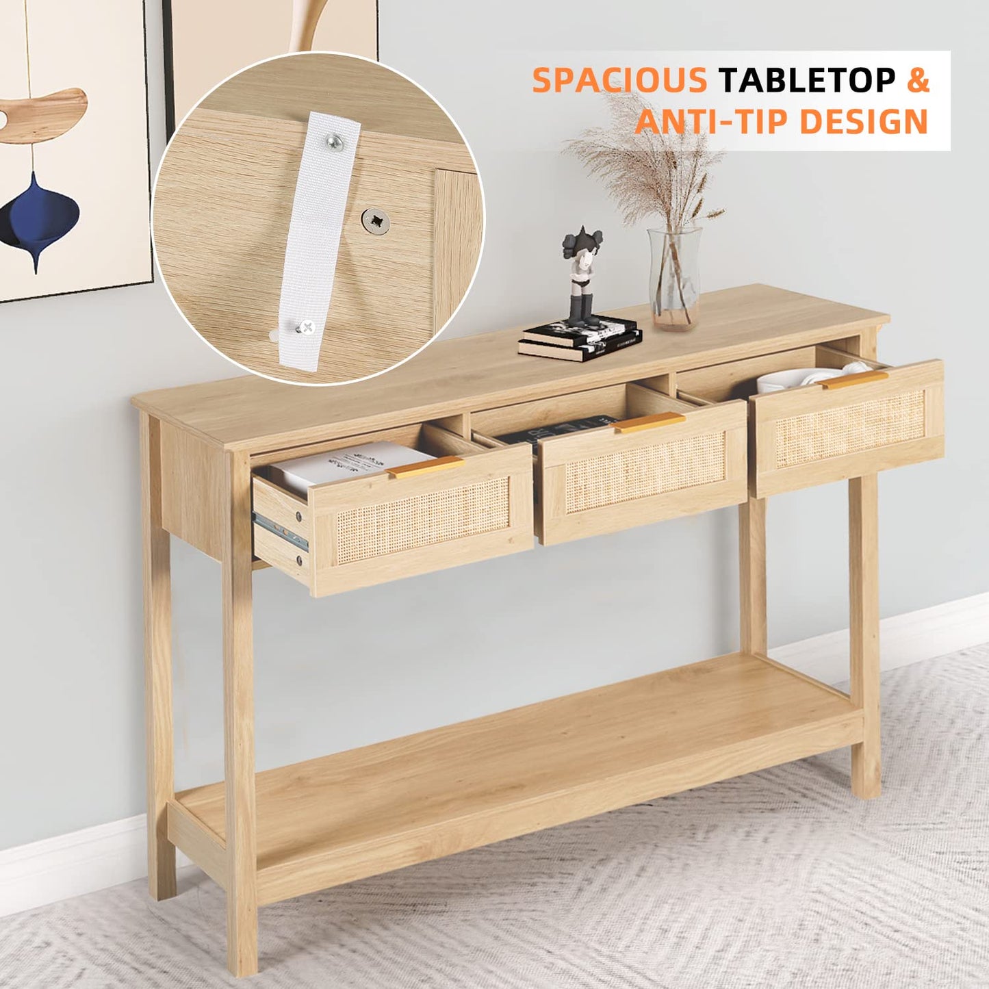 LAZZO Rattan Console Table Boho Entryway Table Narrow Long Sofa Table Hallway Foyer Behind Couch Table with 3 Drawers and Open Storage Shelf for Living Room and Corridor Natural Wood