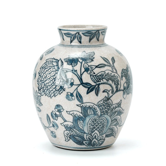 SIDUCAL Ceramic Chinoiserie Floral Vase | 6.3 Inch Blue and White Vintage | Retro Ice Cracked Blue and White Porcelain Vase for Table, Living Room, Bathroom Decoration, Shelf Decor, Mantel