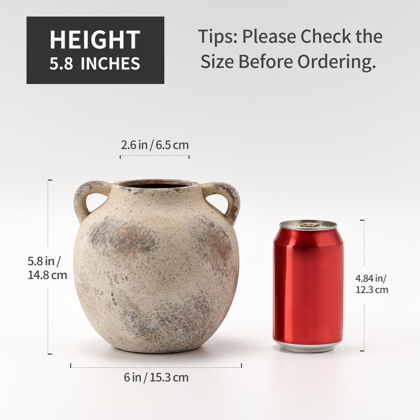 PORCER Antique Ceramic Vase, 5.8 Inch Terracotta Vase with Handles, Decorative Rustic Vase for Home Decor, Farmhouse, Living Room, Table, Bedroom, Entrance, Office - Gray