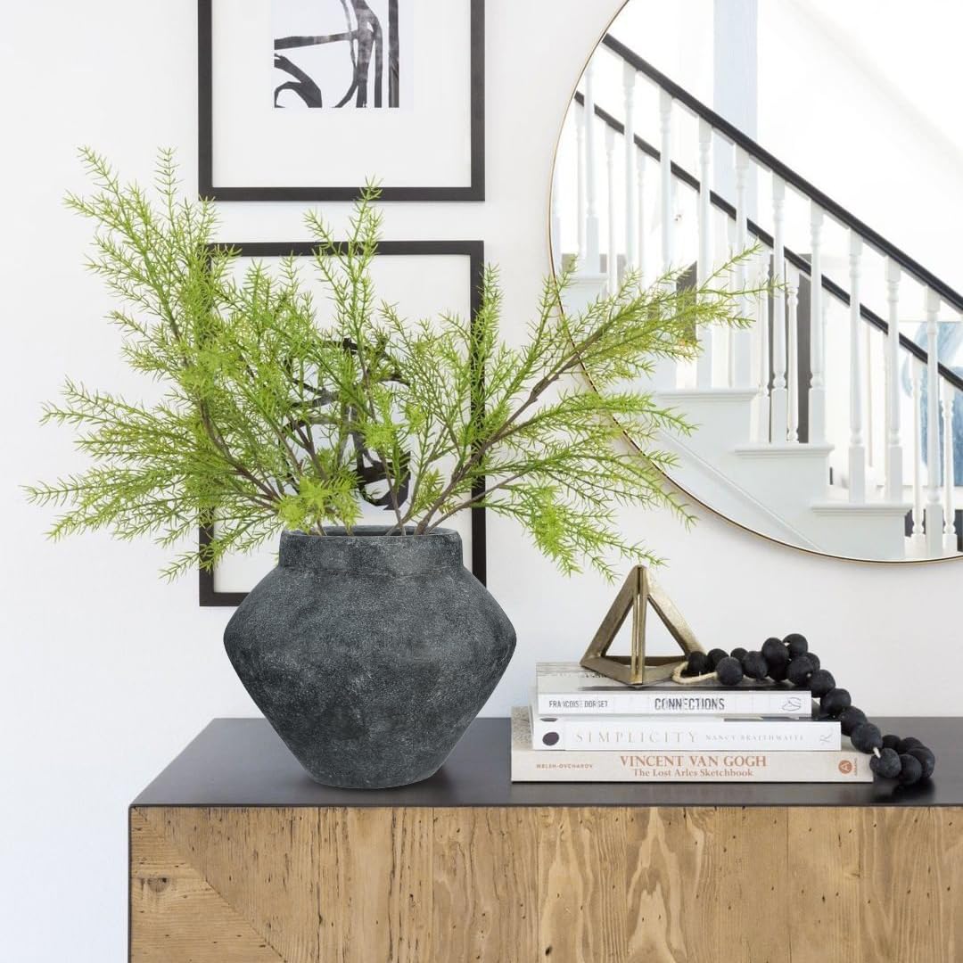 Briful Large Rustic Ceramic Vase with Distressed Finish, 8.2'' Tall Wide-Belly Decorative Flower Vases with Felt Pads, Retro Style Pottery for Home Decor, Table Centerpiece, Black