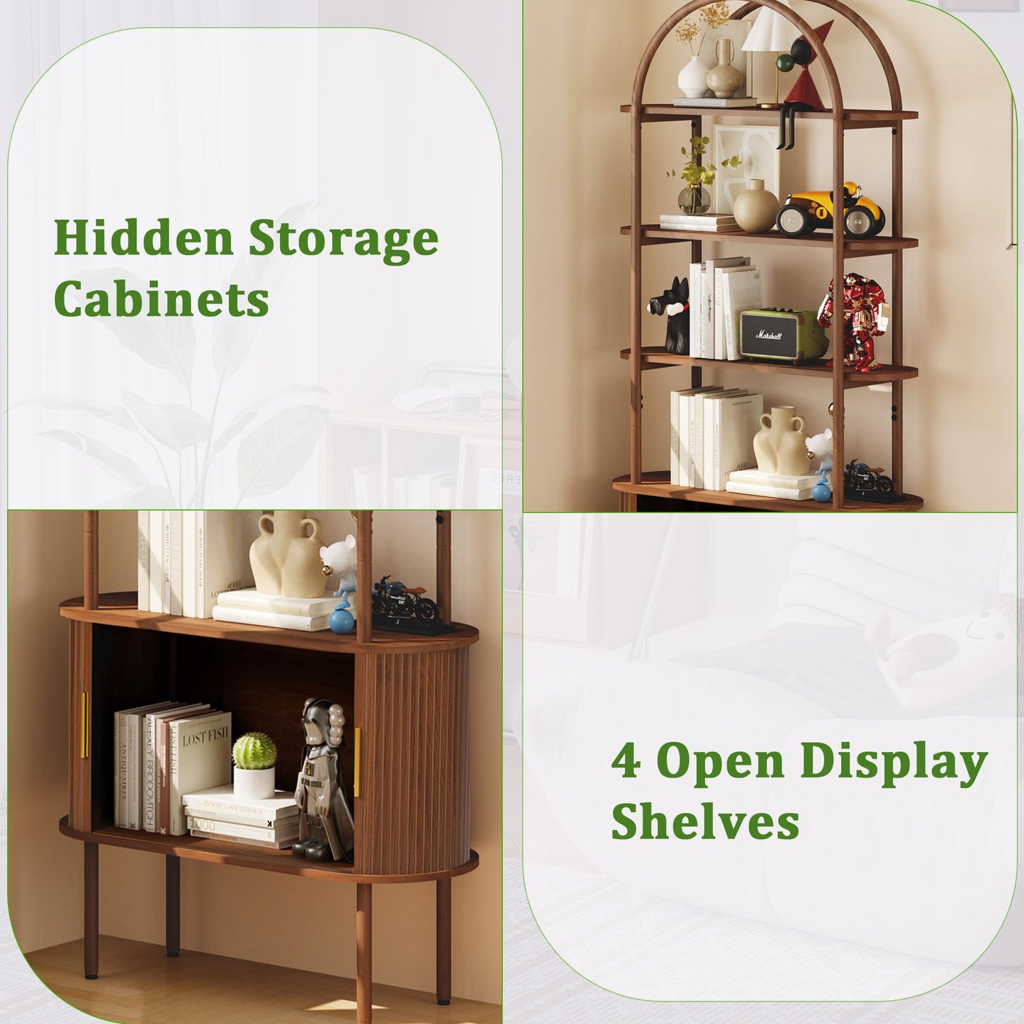 71" Tall Fluted Arched Bookshelf with Sliding Tambour Doors, Mid Century Modern Metal Curved Bookshelf Cabinet with Storage, 4-Tier Open Display Storage Shelf for Home Office, Living Room (Walnut)