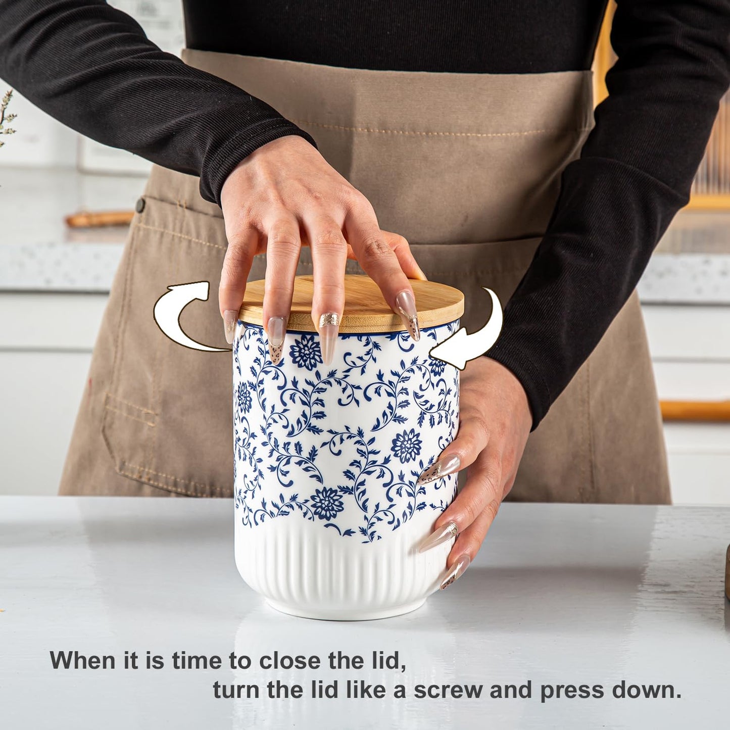 Cerkik Canisters Sets for Kitchen - Ceramic Kitchen Containers for Countertop with Airtight Wood Lids - Flour and Sugar Containers for Coffee Tea Spice Beans Cookie Jars - Blue Set of 3