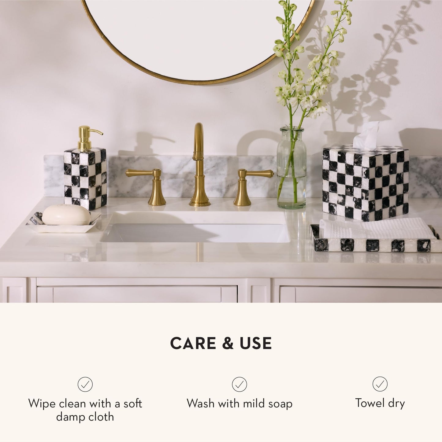 MACKENZIE-CHILDS Capiz Soap Dish, Decorative Soap Holder, Black-and-White Courtly Check