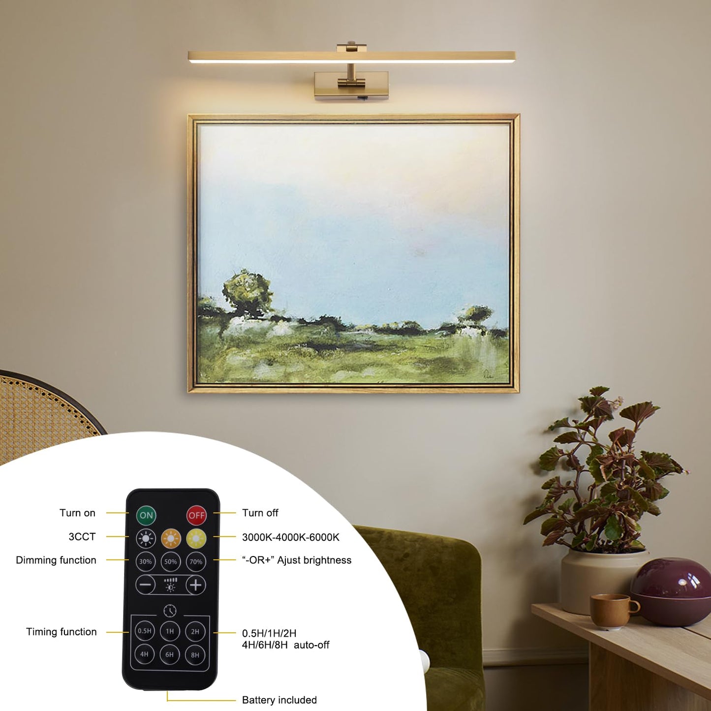 Wireless Picture Lights for Wall Battery Operated, Brass Art Lighting for Paintings Rechargeable Gallery lights with Remote and Timer 3CCT Dimmable Painting Lights for Artwork Portrait 23.6 inch
