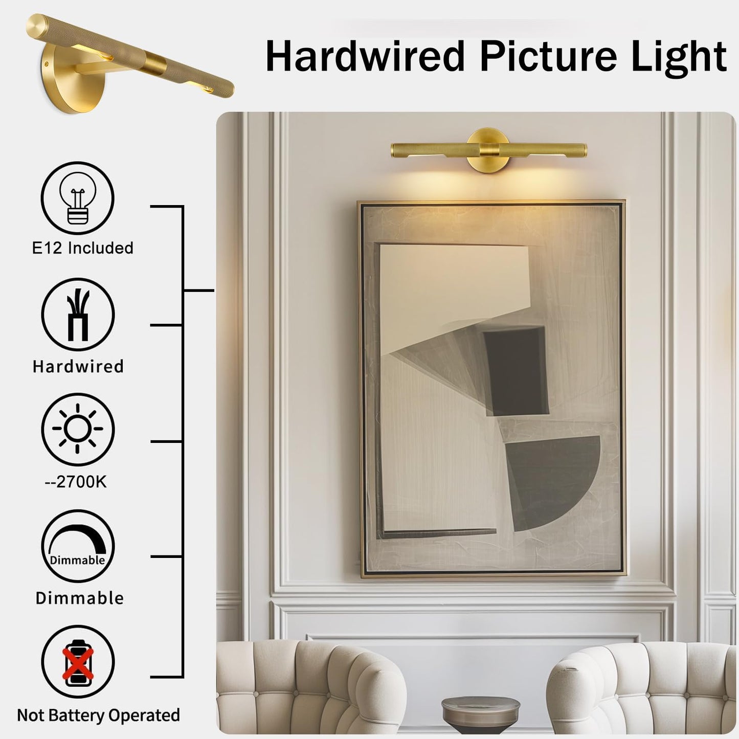Hard-wired Knurled Picture Light, 19in Brass Picture Light for Wall, Dimmable Gold Art Lights, Rotatable 360° Sconce for Pictures Frame, Painting Wall Lights, Bathroom Wall Sconce, E12 Bulbs Included