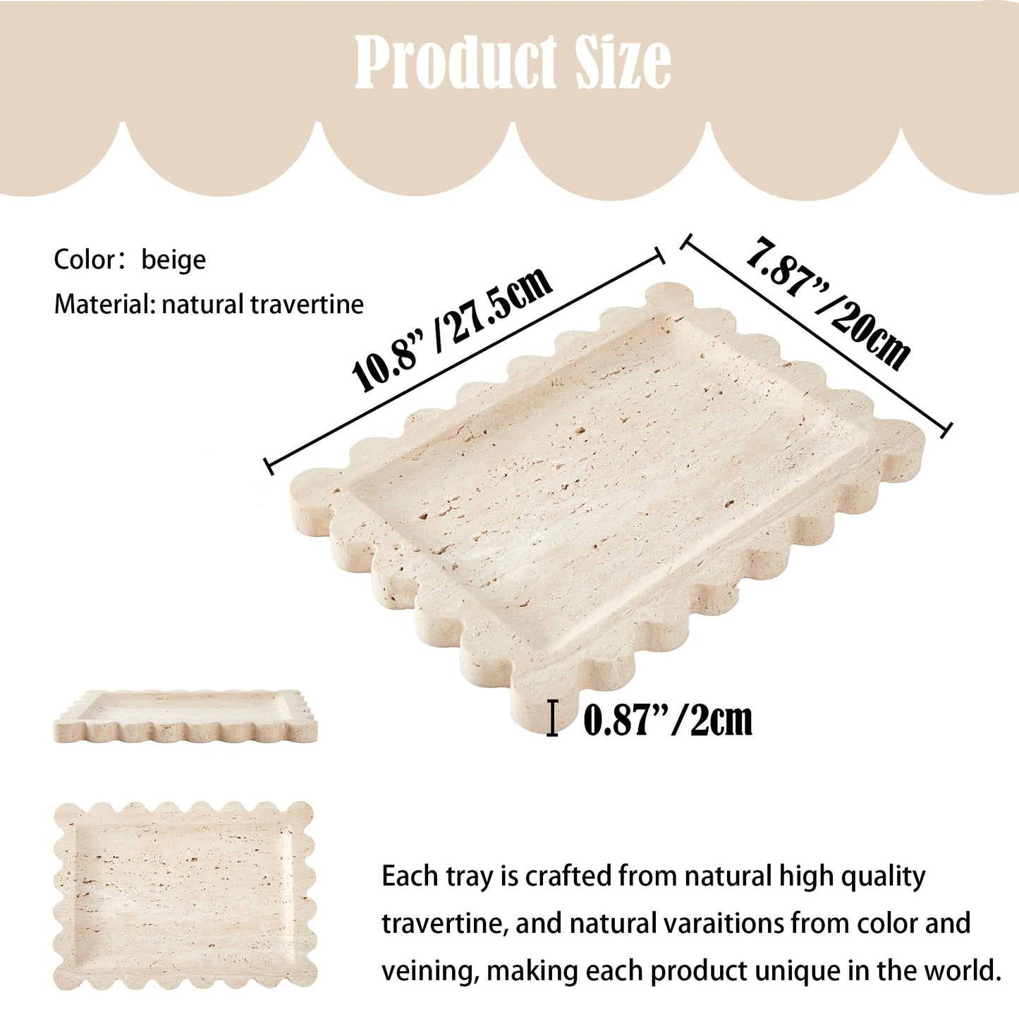 Denique Natural Travertine Tray with Scalloped Edge, 10.8x8 Rectangle Vanity Tray for Bathroom Kitchen Countertop, Beige Decorative Stone Storage Tray for Dresser Home Decor