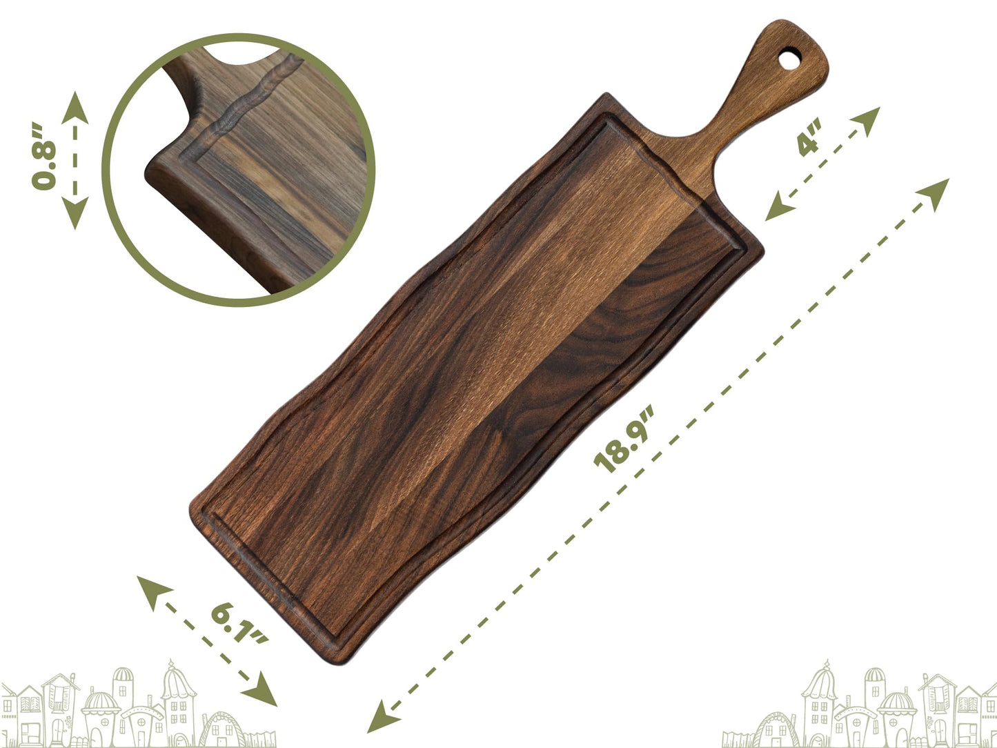 Elegant American Black Walnut Wood Long Serving Board with Handle - Charcuterie Wooden Board - Stylish Versatility for Culinary Delights - Reversible with Juice Groove - 19x6x0.8 in - Woodie Poppins