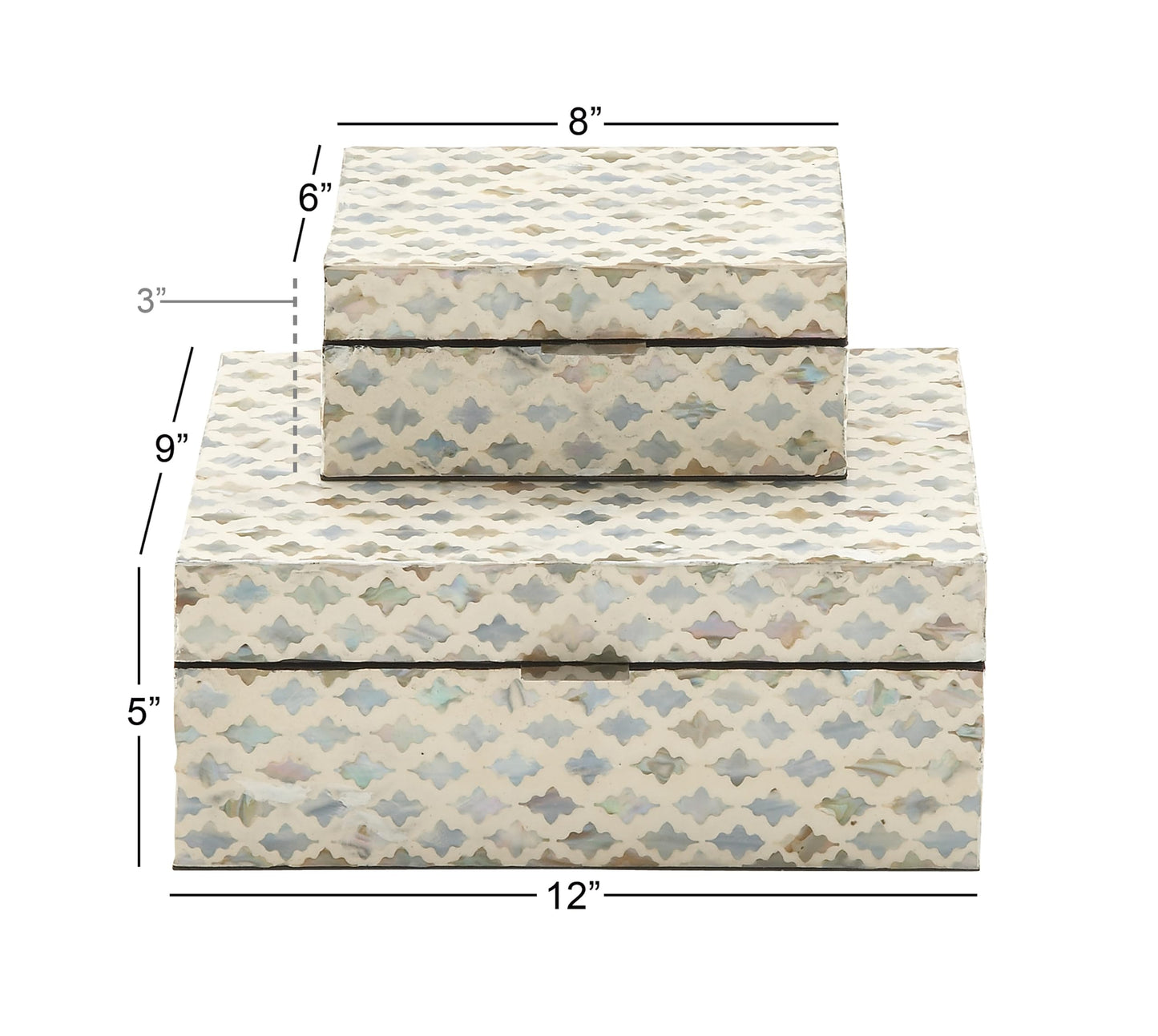 Deco 79 Mother of Pearl Shell Geometric Handmade Decorative Box Storage Decorative Keepsake Boxes with Hinged Lid, Set of 2 Storage Boxes 12", 8"W, Cream