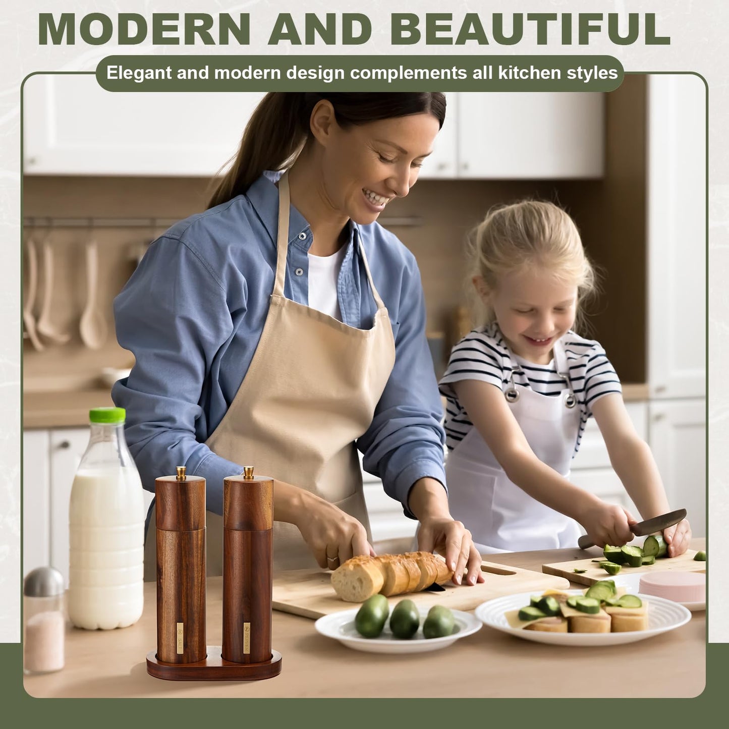 LOYIM Wooden Salt and Pepper Grinder Set 8 Inch Manual Salt and Pepper Mill with Tray Adjustable Coarseness Refillable Wood Grinders with Gold Bottle Label for Kitchen(Wood Color)