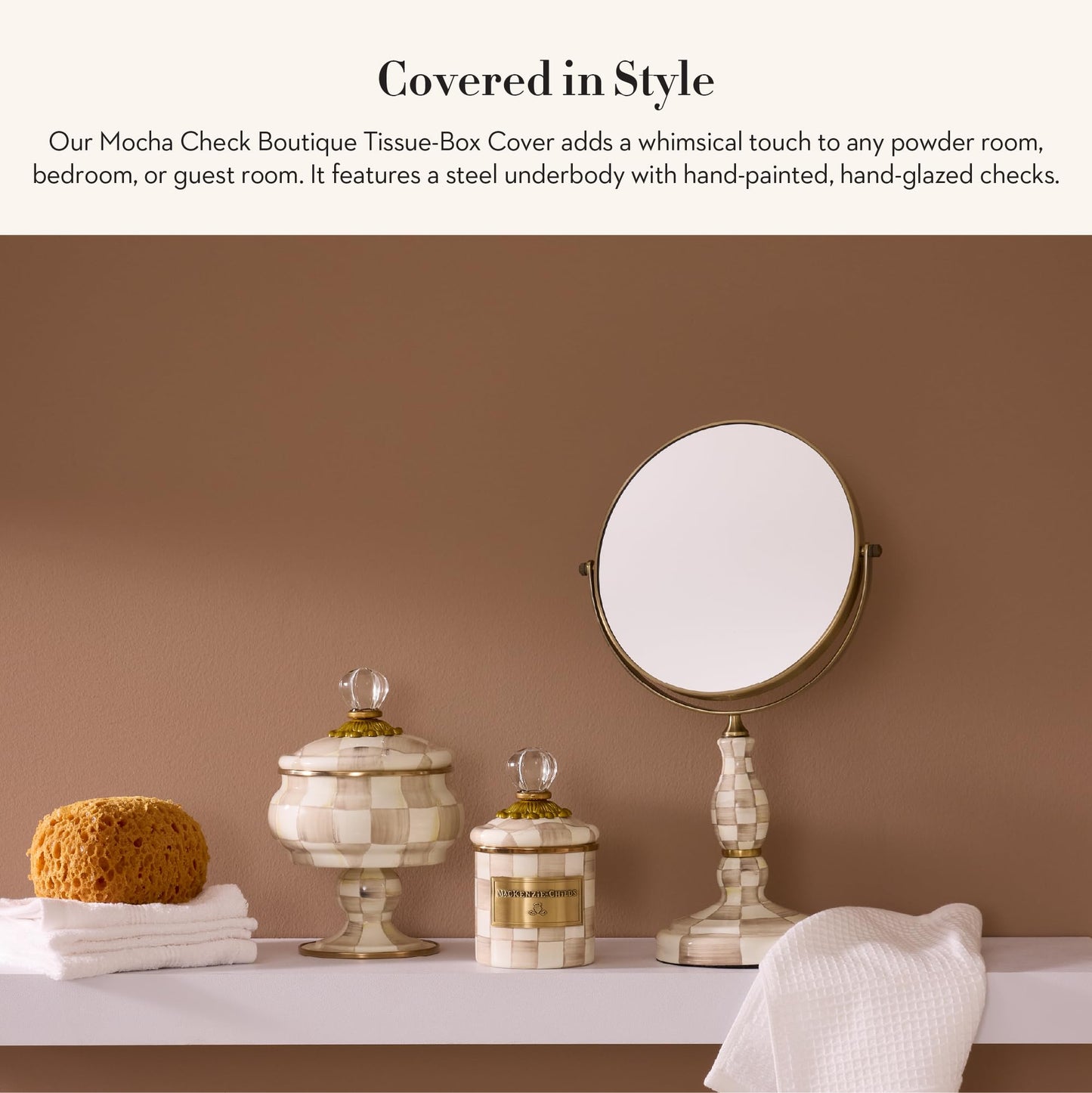 MACKENZIE-CHILDS Boutique Square Tissue-Box Cover, Tissue Holder for Home Decor, Brown-and-White Mocha Check