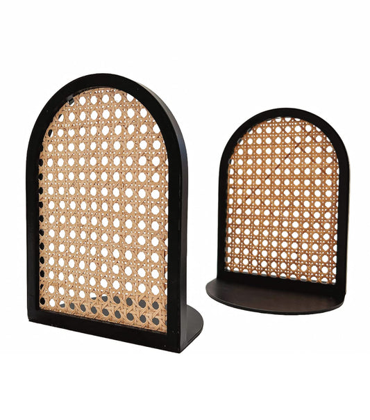 PurpleWares Arch Rattan Decorative Bookends - 9" Heavy Duty Black Metal Book Ends Stopper Non-Skid Bottom for Shelves, Unique Modern Large Book Holder Organizer Bookshelf Decor Display (Extra Tall)