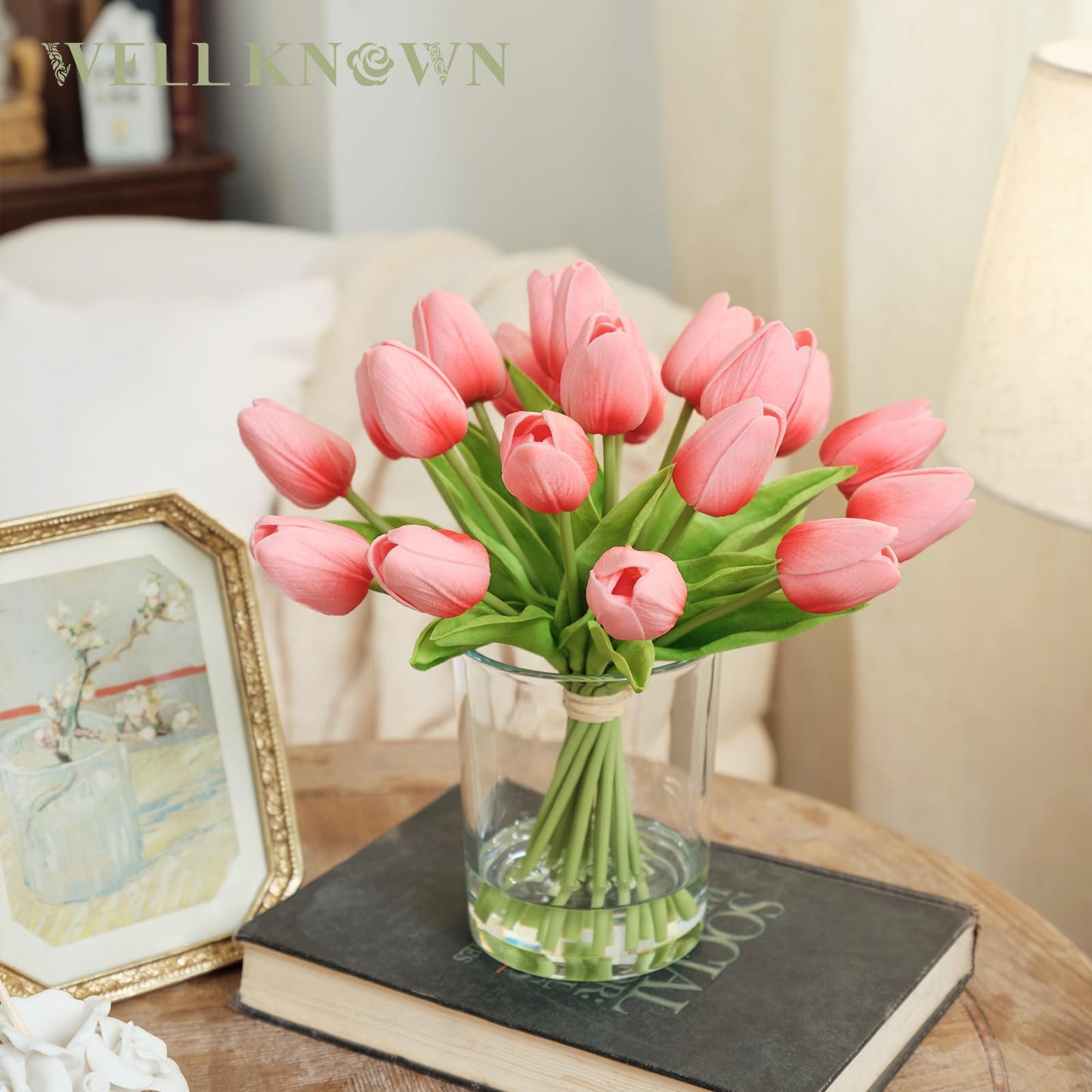 WELL KNOWN 20 Pcs Tulips Artificial Flowers in Vase, Real Touch Tulips with Vase with Upgrate Acrylic Water Flower Arrangements Centerpiece for Dining Room Table Decoration