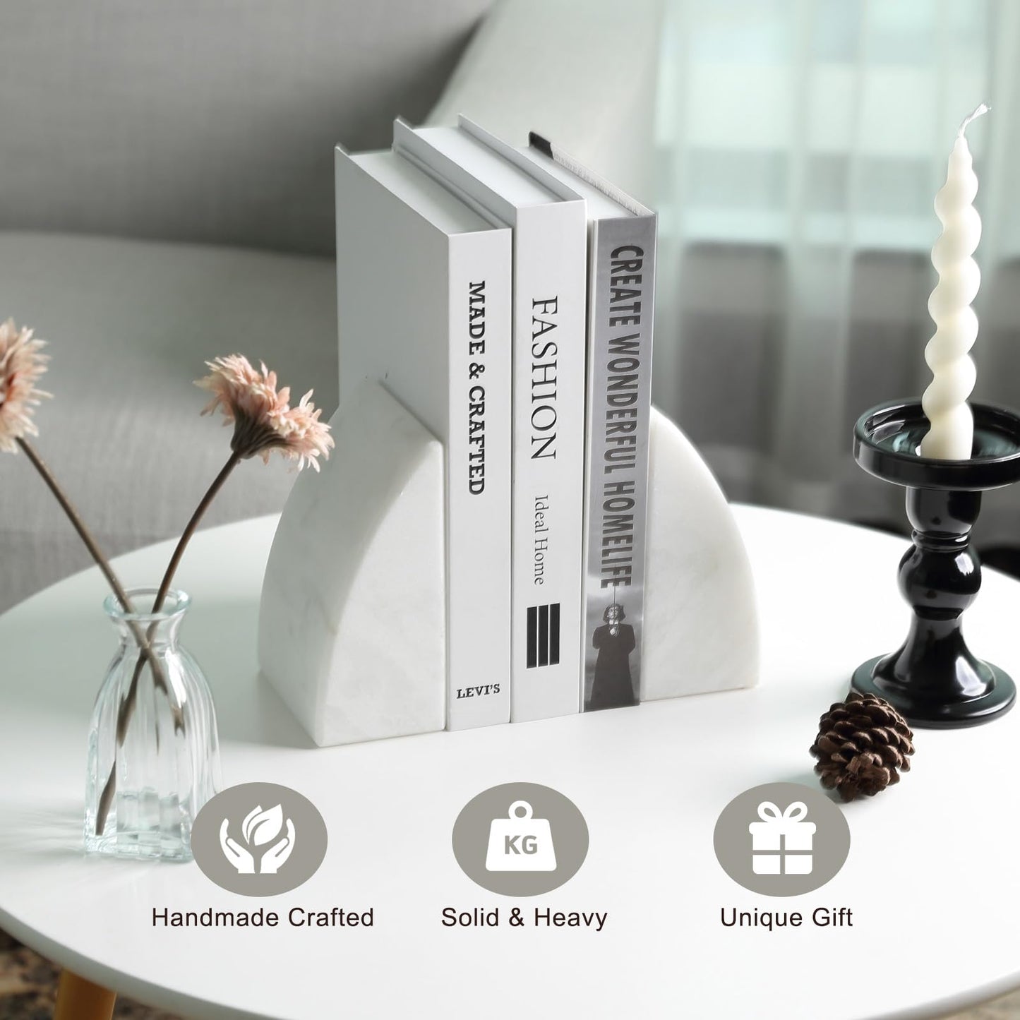 Koville Marble Bookends for Shelves, Large Bookends for Heavy Books, Natural Stone Book Stopper for Books CD Movies, Aesthetic Decorative Book Ends (White)