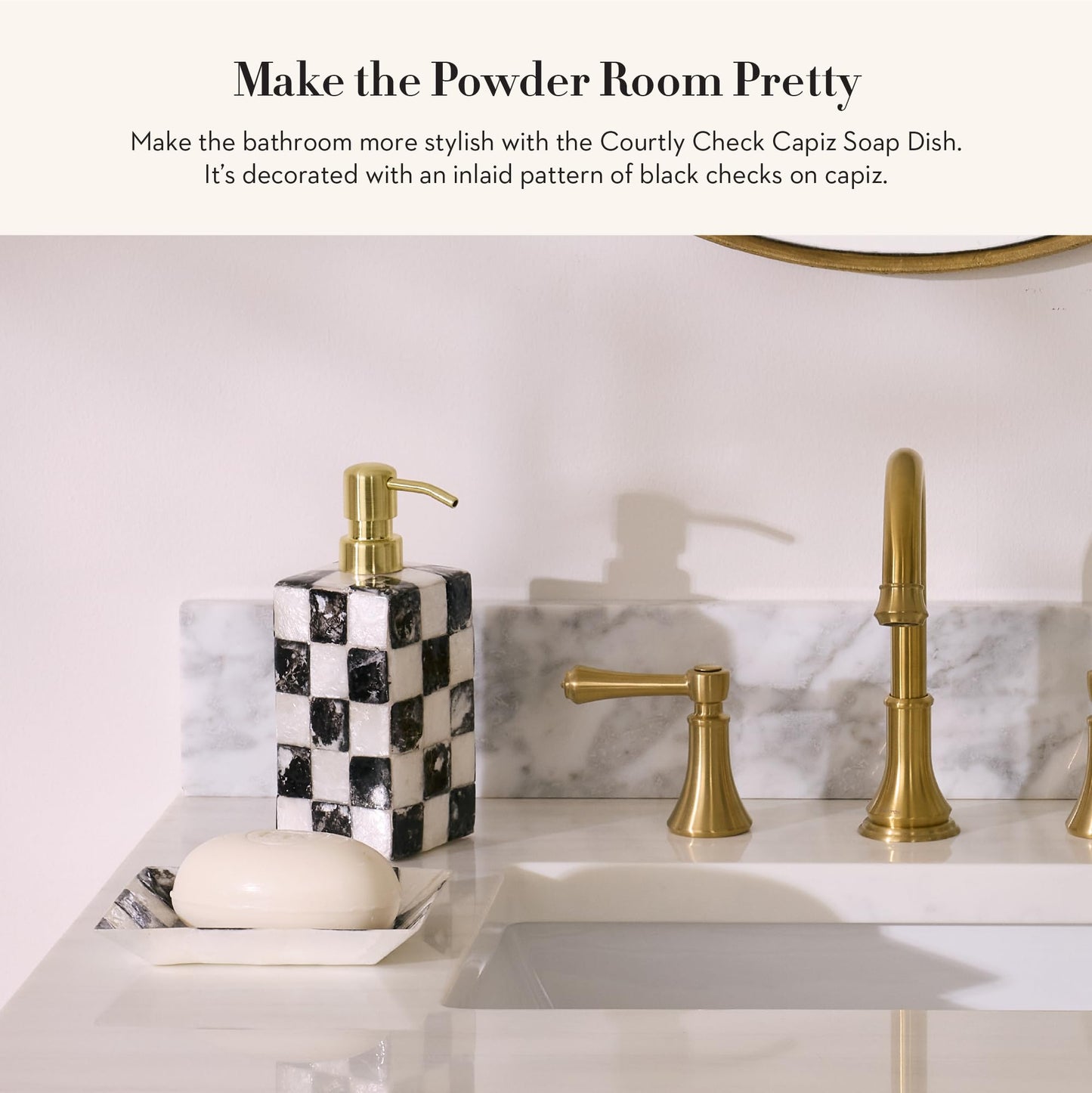 MACKENZIE-CHILDS Capiz Soap Dish, Decorative Soap Holder, Black-and-White Courtly Check