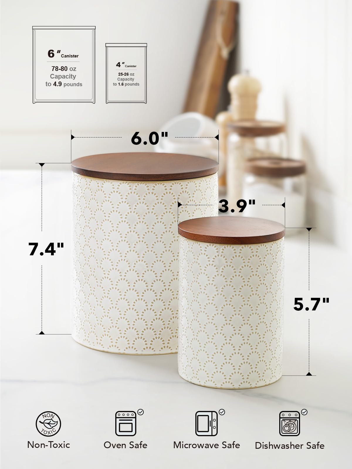 LE TAUCI Food Storage Containers with Airtight Lids, 78/25 oz Ceramic Sugar Canisters Sets, Embossed Large Jars for Pasta, Oats, Coffee Bean, Cookies, Rice, Grains, Tea - Set of 2, Fireworks