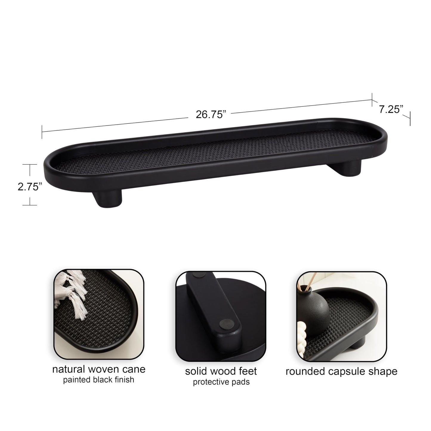 Kate and Laurel Planche Decorative Capsule Woven Tray with Solid Wood Frame, 27 x 8, Black, Modern Slim Wood Rectangle Serving Tray for Living Room