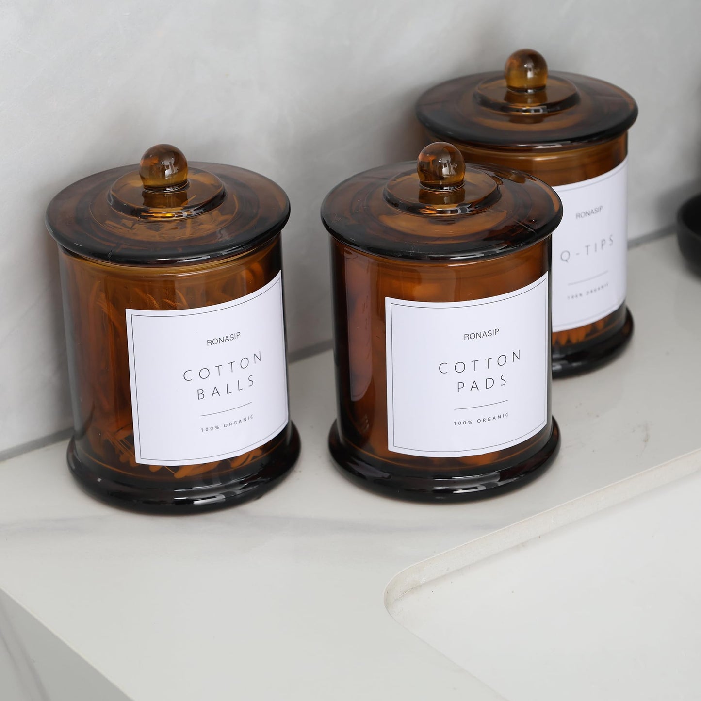 Ronasip 3 Pack Farmhouse Bathroom Organizers and Storage - 16 Oz Glass Jars with Lids for Qtip Holder, Swab Organizer, Bathroom Decor and Storage with Labels (Amber)