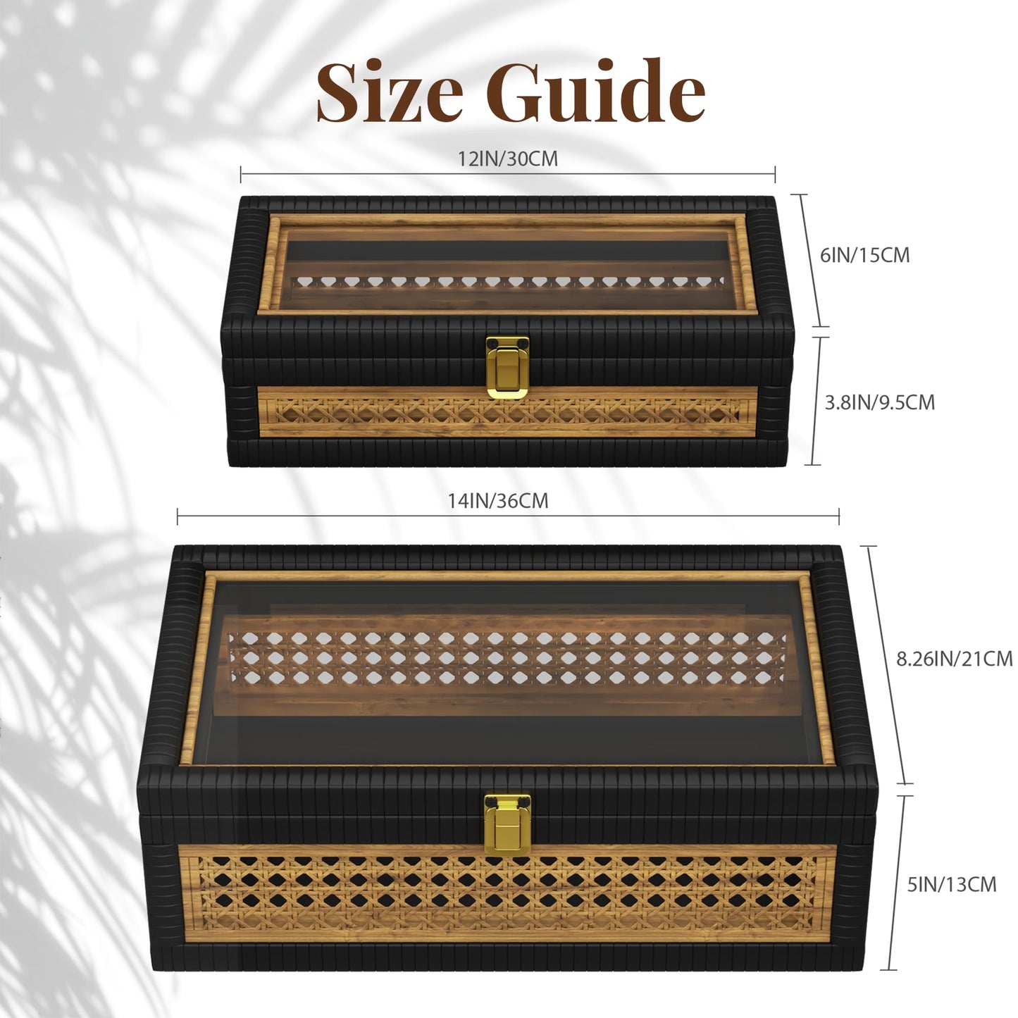 Fllamo Rattan Decorative Box,Boho Display Boxes with Lids,Set of 2 Rectangular Wicker Storage Decoration,Natural Woven Cane Bins for Home Decor for Rustic Farmhouse(Yellow and Black)