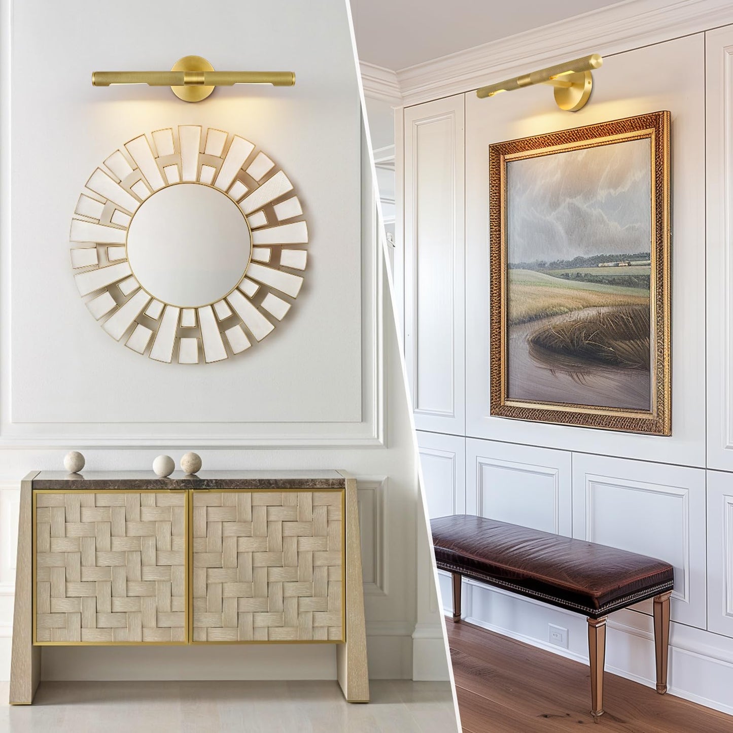 Hard-wired Knurled Picture Light, 19in Brass Picture Light for Wall, Dimmable Gold Art Lights, Rotatable 360° Sconce for Pictures Frame, Painting Wall Lights, Bathroom Wall Sconce, E12 Bulbs Included