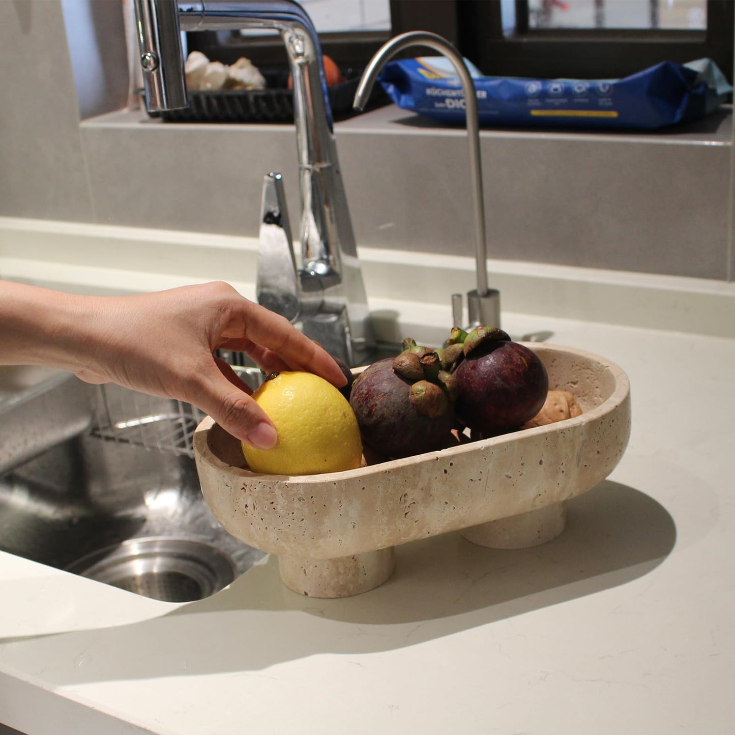 Natural Oval Travertine Fruit Bowl for Kitchen Counter 10", Large Decorative Bowl Two-Legs for Home Decor, Fruits Holder For Dining Table - Kitchen Organization