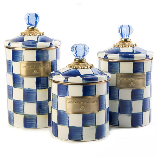 MACKENZIE-CHILDS Enamel Canister Set, Small (38 oz.), Medium (48 oz.), and Large (64 oz.) Kitchen Containers, Blue-and-White Royal Check