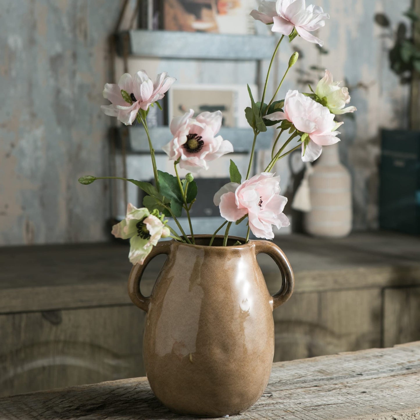 Tanvecle Brown Ceramic Vase with 2 Handles, Modern Farmhouse Decor, Rustic Terracotta Pottery, Decorative Flower Vases, Clay Small Vase, Centerpiece for Dining Table - 7 Inch Tall