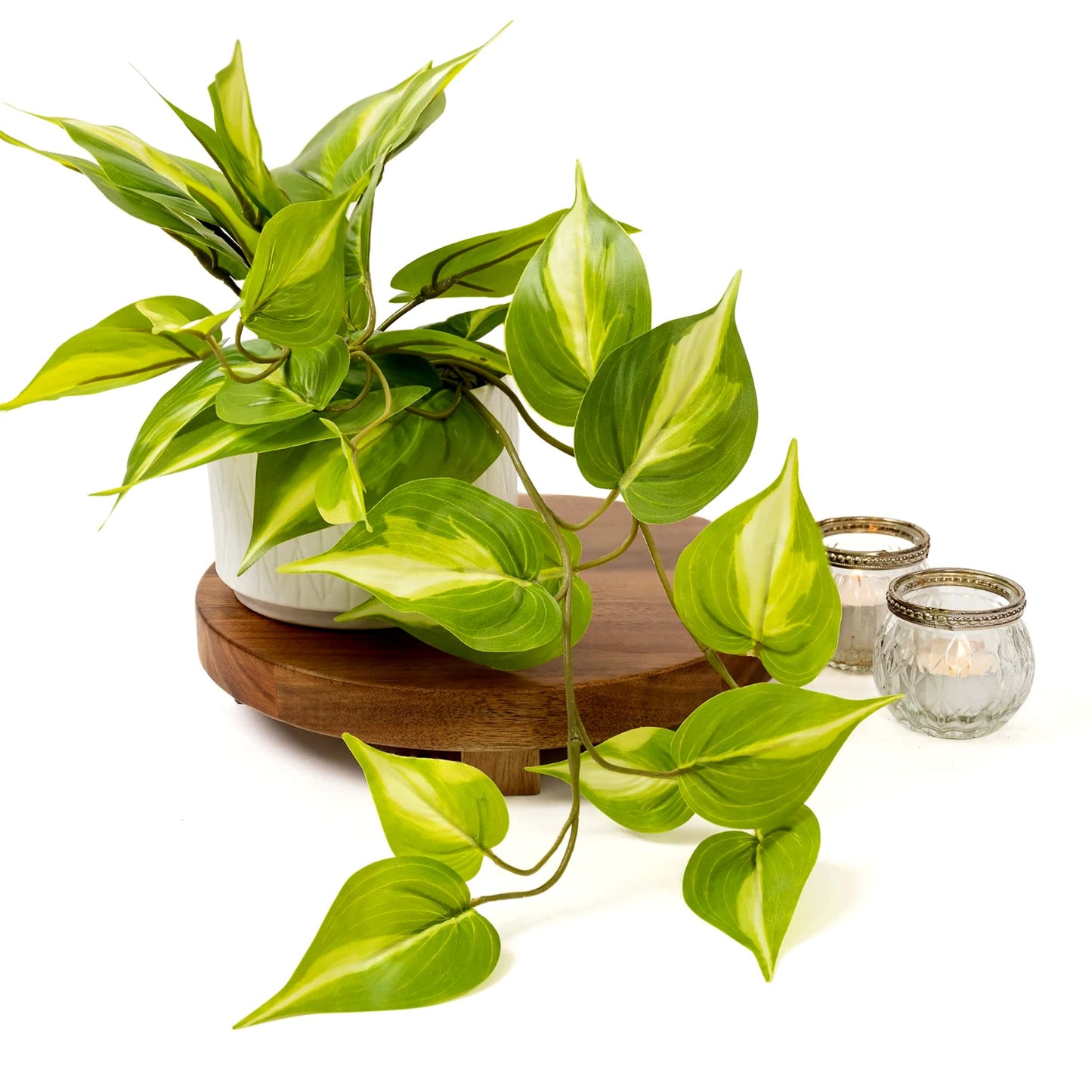 Kurrajong Farmhouse Fake pothos Plant | Fake Plant for Shelf Decor | Artificial Trailing Ivy Plant with 5" Wide Ceramic Pot | Light Green Faux pothos | Feaux Pothos