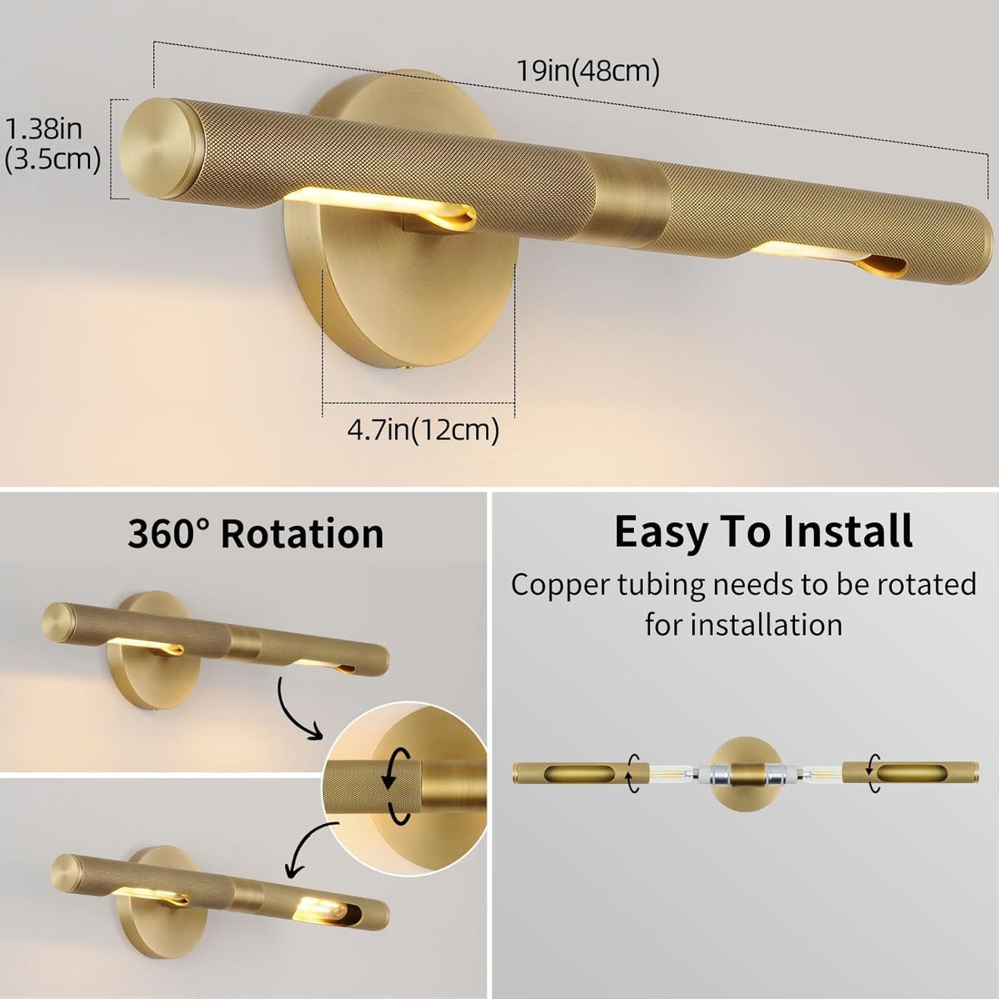 Hard-wired Knurled Picture Light, 19in Brass Picture Light for Wall, Dimmable Gold Art Lights, Rotatable 360° Sconce for Pictures Frame, Painting Wall Lights, Bathroom Wall Sconce, E12 Bulbs Included
