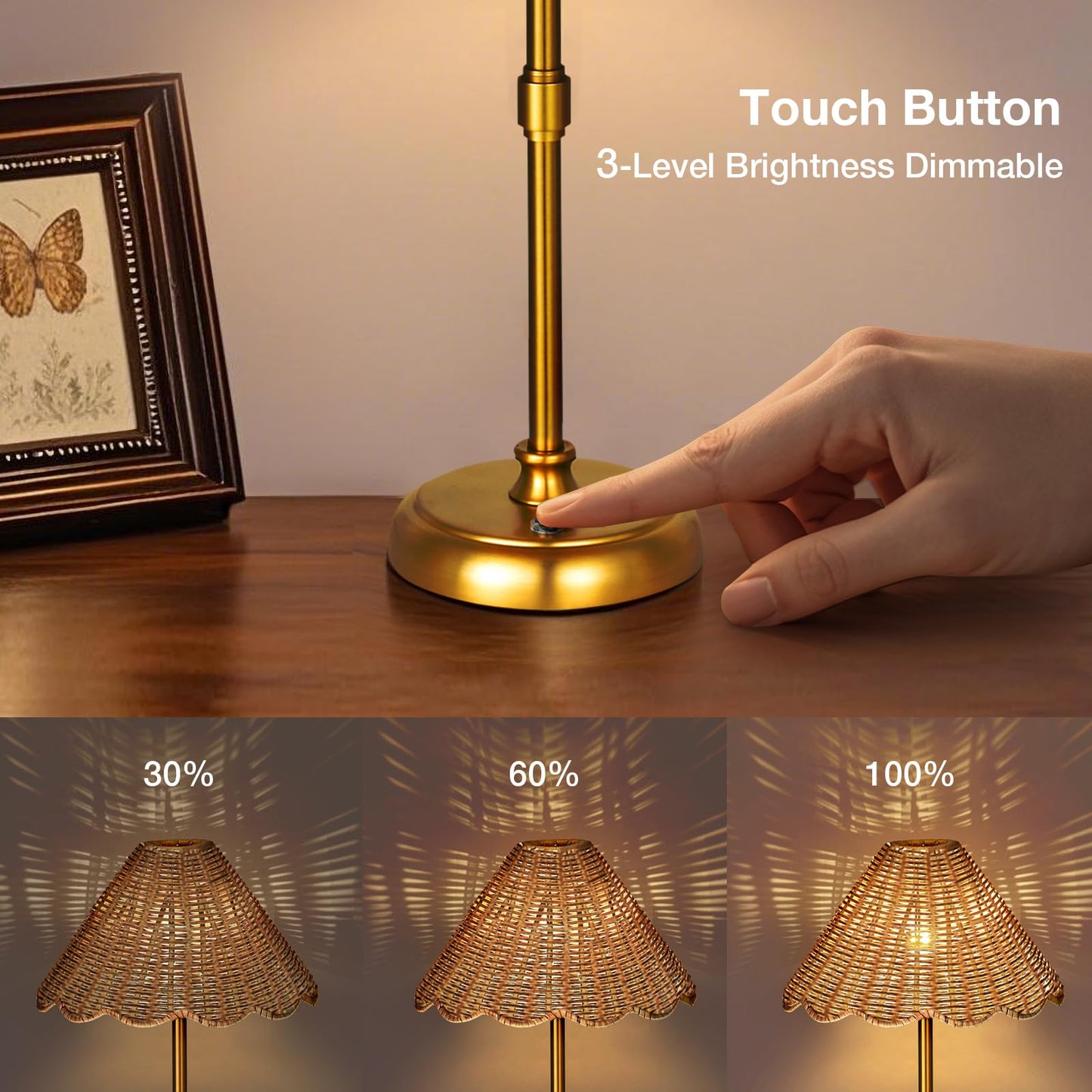 Folux Cordless Boho Rattan Table lamp, 5200-mAh Rechargeable Battery, 3-level Brightness Dimmable, Build-in Integrated LED 320 Lumen Max, Rattan Shade, for Bedside Restaurant Resort Hotel Dining Table