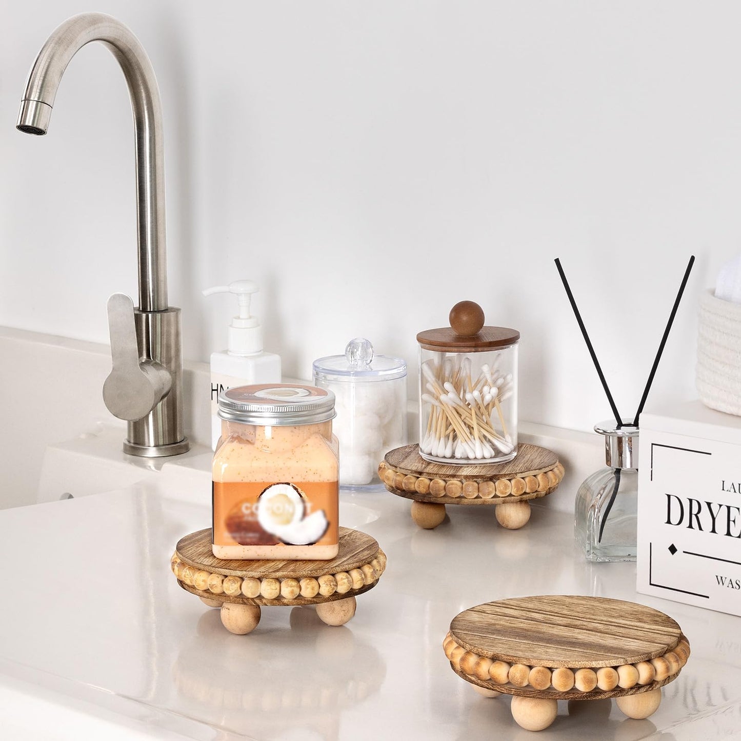 HouseJoy 2Pcs Wood Risers for Display Decorative,Round Beaded Riser Distressed for Decor ,Wooden Farmhouse Coasters Mini Cake Stand Plant Stand,Rustic Pedestal Stand Decor Display Risers for Tiered