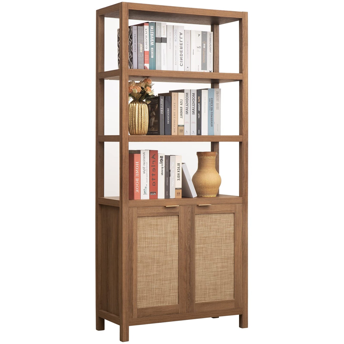 SICOTAS Bookshelf 5 Tier Book Shelf Rattan Boho 71" Tall Bookcase with Doors Storage Shelves Large Bookshelves Farmhouse Bookcases Library Book Case for Living Room Bedroom Home Office Kitchen