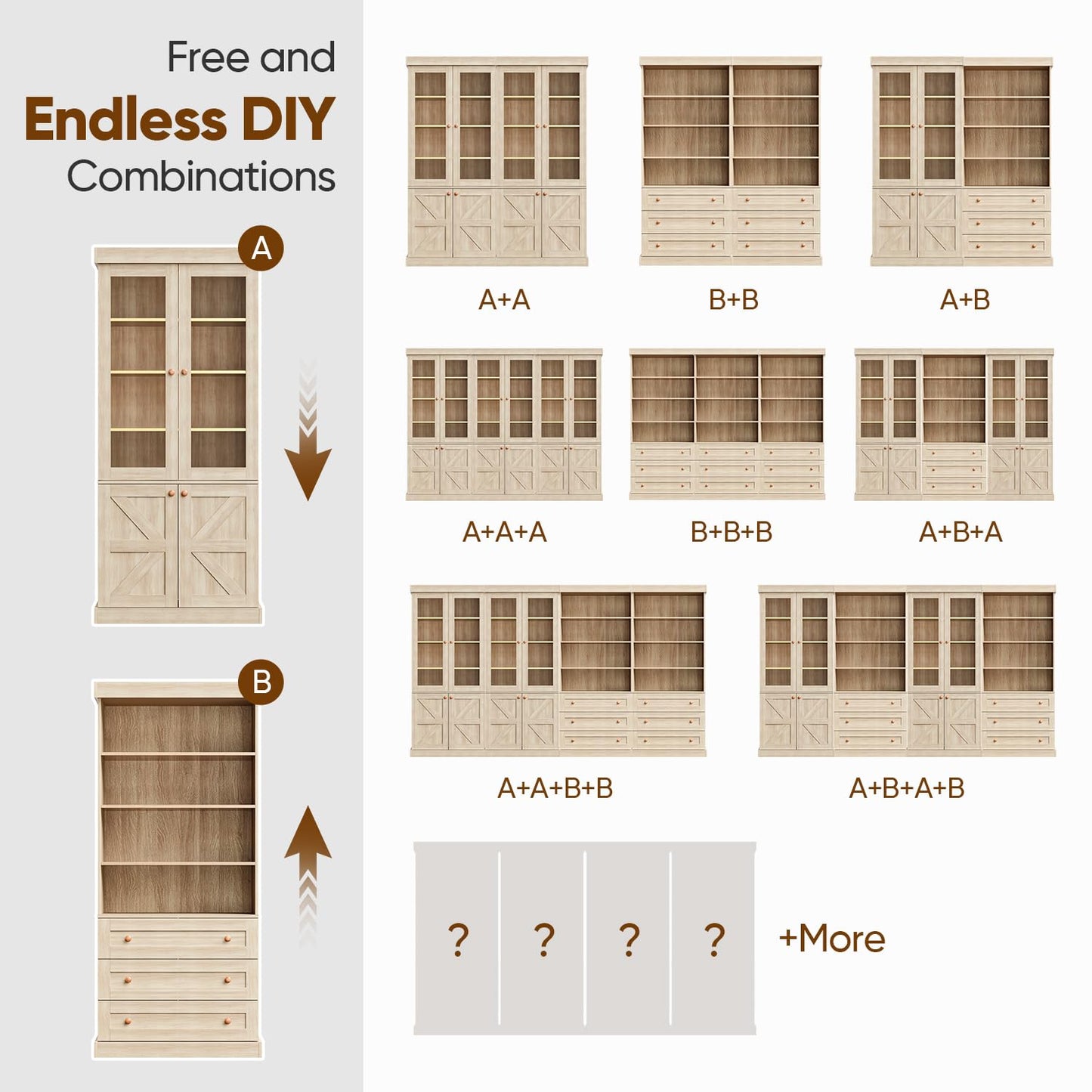 71" Tall Farmhouse Bookshelves, Brown Large Bookcase with Adjustable Shelves, 3 Drawers Wooden Storage Cabinet for Living Room, Kitchen, Home Office, Dining Room, 2 Pcs Open Unit