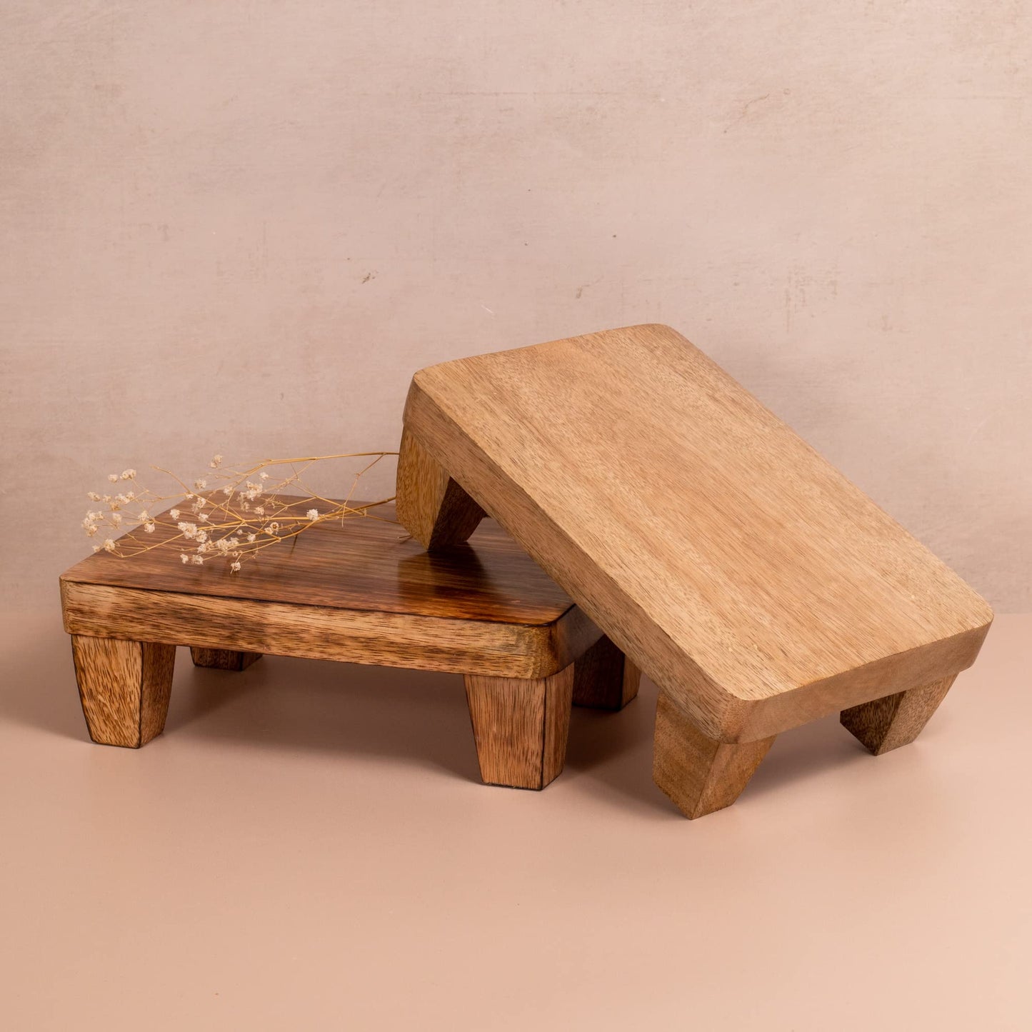 Wooden Tray Pedestal Decor | Display Riser for Plant and Other Home, Kitchen or Bathroom Accessories Hand Carved Mango Wood 2 Finishes Available (Natural Wood)