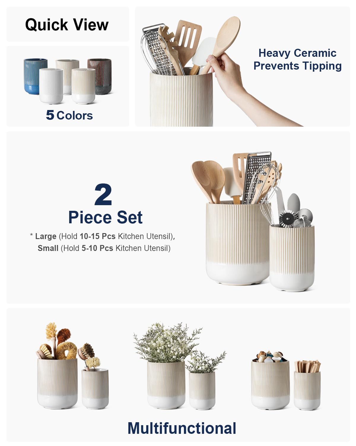 LE TAUCI Utensil Holder, 7.3"+5.4" Ceramic Kitchen Utensil Holder for Countertop, Large Cooking Utensil Crocks Gift for Mom, Boho Farmhouse Kitchen Decor, Set of 2, Reactive Glaze Arctic White