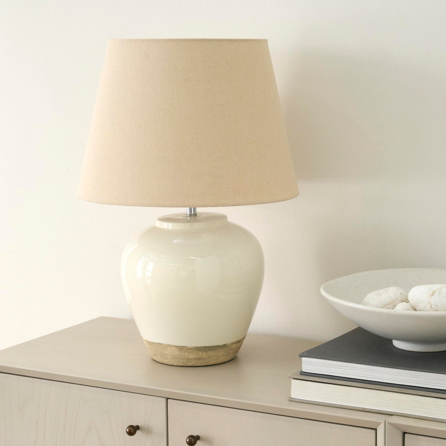 Nourison Home 20" White/Sand Farmhouse Ceramic Pot Table Lamp for Bedroom, Living Room, Console, Entryway